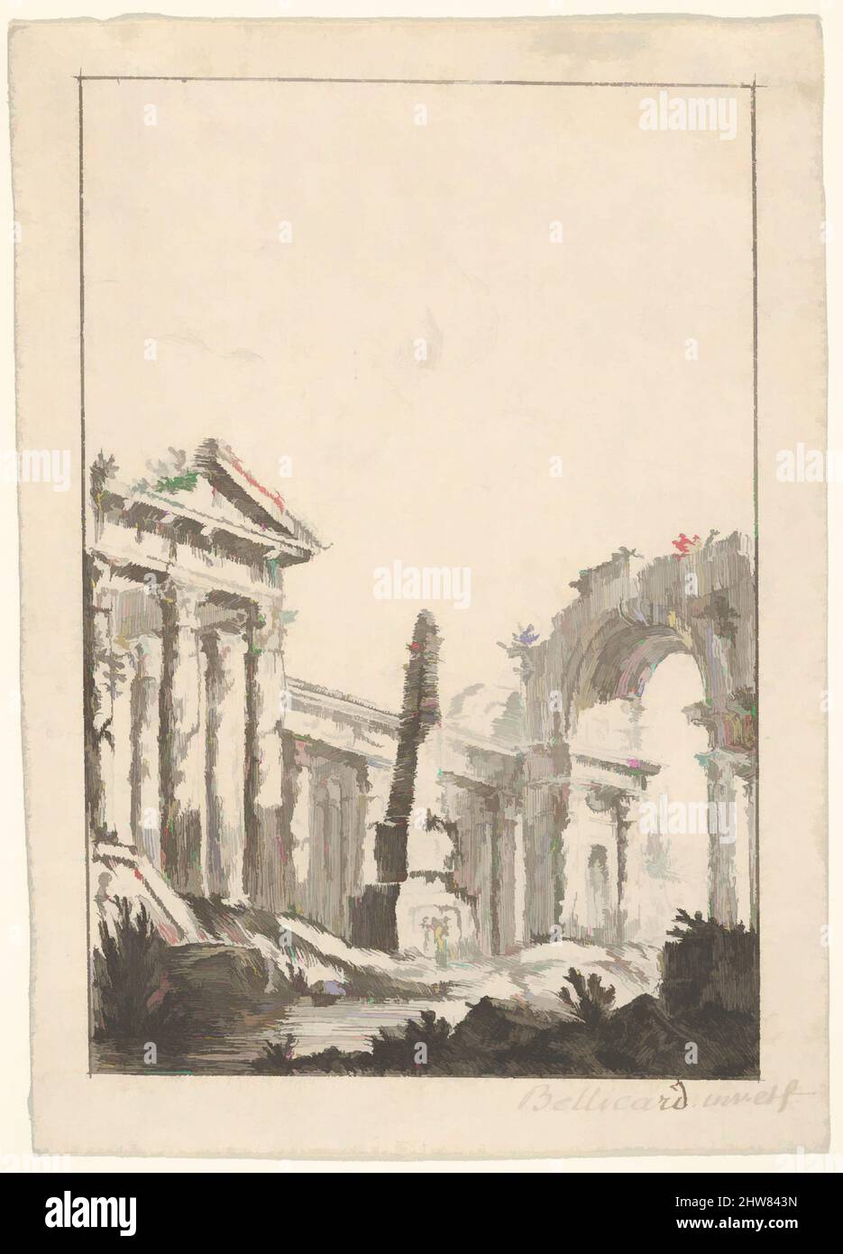 Art inspired by Architectural Capricci, 1745–80, Radierung, Blatt (beschnitten): 5 13/16 × 4 1/16 in. (14,7 × 10,3 cm), Drucke, Jérôme Charles Bellicard (Französisch, Paris 1726–1786 Paris, Klassische Werke, die von Artotop mit einem Schuss Moderne modernisiert wurden. Formen, Farbe und Wert, auffällige visuelle Wirkung auf Kunst. Emotionen durch Freiheit von Kunstwerken auf zeitgemäße Weise. Eine zeitlose Botschaft, die eine wild kreative neue Richtung verfolgt. Künstler, die sich dem digitalen Medium zuwenden und die Artotop NFT erschaffen Stockfoto