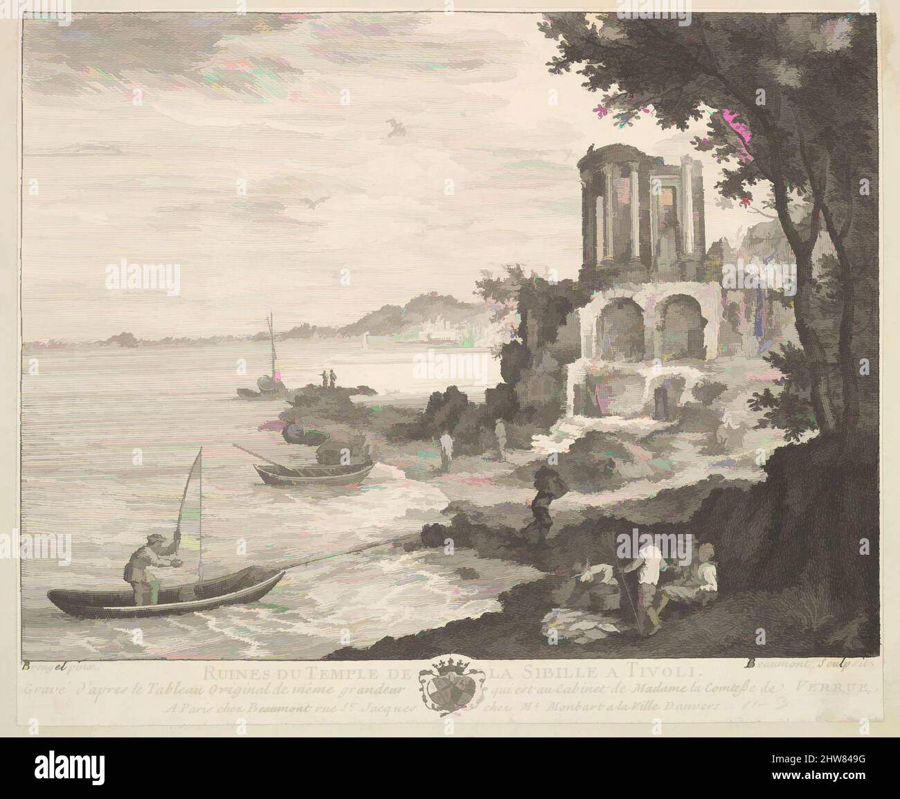 Kunst inspiriert von den Ruinen des Sybil-Tempels in Tivoli (Ruines du Temple de la Sibille a Tivoli) nach dem Gemälde in der Sammlung von Madame la Comtesse de Verrue, Radierung und Gravur, Blatt: 5 15/16 x 7 3/16 Zoll (15,1 x 18,2 cm), Drucke, Pierre François Beaumont (französisch, 1719, Klassische Werke, die von Artotop mit einem Schuss Moderne modernisiert wurden. Formen, Farbe und Wert, auffällige visuelle Wirkung auf Kunst. Emotionen durch Freiheit von Kunstwerken auf zeitgemäße Weise. Eine zeitlose Botschaft, die eine wild kreative neue Richtung verfolgt. Künstler, die sich dem digitalen Medium zuwenden und die Artotop NFT erschaffen Stockfoto