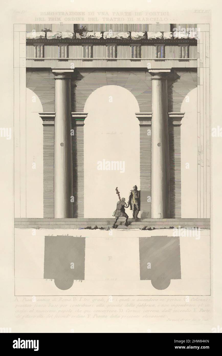 Kunst, inspiriert von der partiellen Erhebung und dem Plan des Portikus erster Ordnung im Marcellus-Theater (Dimostrazione di una parte de' portici del prim' ordine del Teatro di Marcello), aus 'Le Antichità Romane', 1756, Radierung, Blatt: 20 1/2 x 14 5/8 cm. (52 x 37,2 cm), Giovanni Battista, Klassische Werke, die von Artotop mit einem Schuss Moderne modernisiert wurden. Formen, Farbe und Wert, auffällige visuelle Wirkung auf Kunst. Emotionen durch Freiheit von Kunstwerken auf zeitgemäße Weise. Eine zeitlose Botschaft, die eine wild kreative neue Richtung verfolgt. Künstler, die sich dem digitalen Medium zuwenden und die Artotop NFT erschaffen Stockfoto