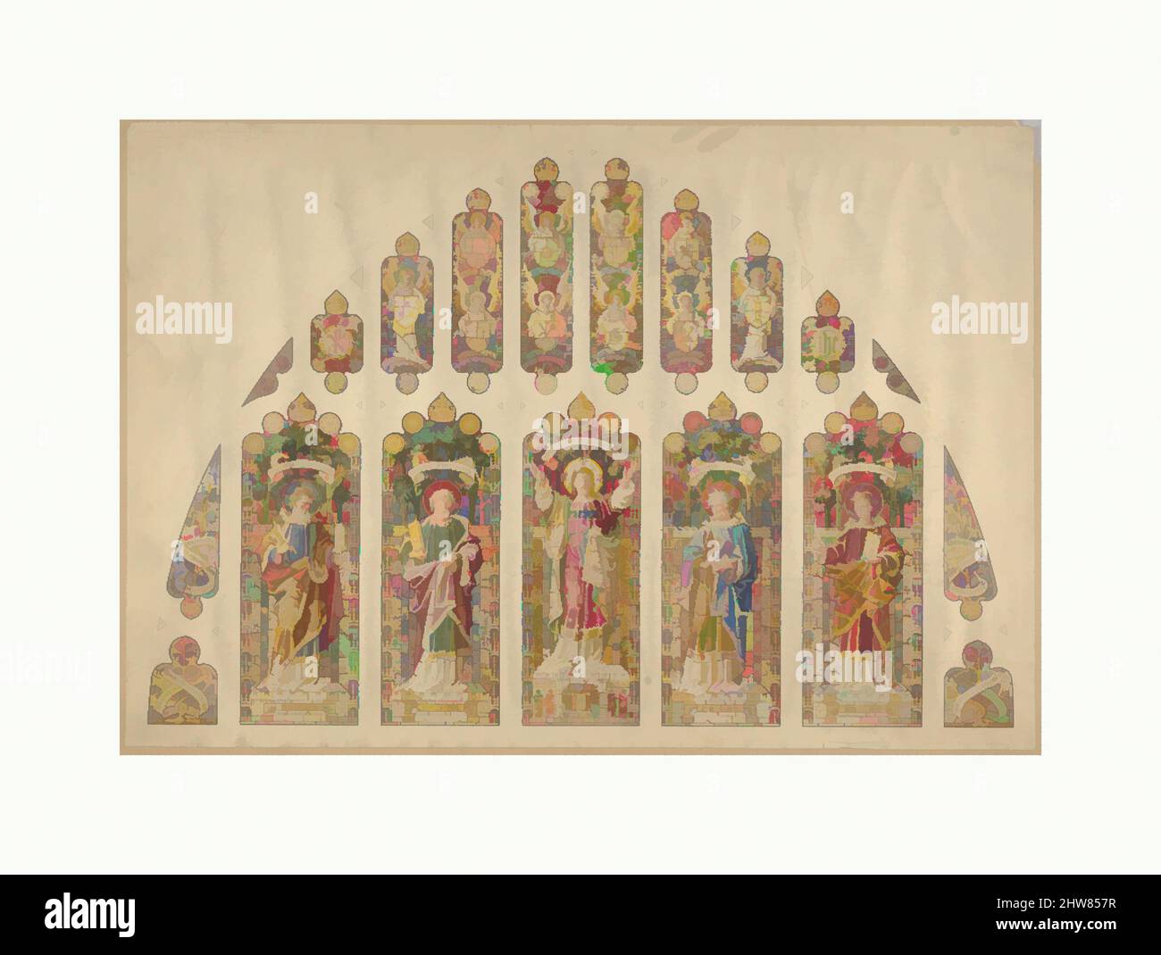 Art Inspired by Design for a Multi-paned Buntglasfenster, Church of the Divine Vaterity, New York, ca. 1898, Aquarell und Stift und Tinte, Blatt: 11 7/8 x 17 5/16 Zoll (30,1 x 44 cm), Zeichnungen, Klassische Werke, die von Artotop mit einem Schuss Moderne modernisiert wurden. Formen, Farbe und Wert, auffällige visuelle Wirkung auf Kunst. Emotionen durch Freiheit von Kunstwerken auf zeitgemäße Weise. Eine zeitlose Botschaft, die eine wild kreative neue Richtung verfolgt. Künstler, die sich dem digitalen Medium zuwenden und die Artotop NFT erschaffen Stockfoto