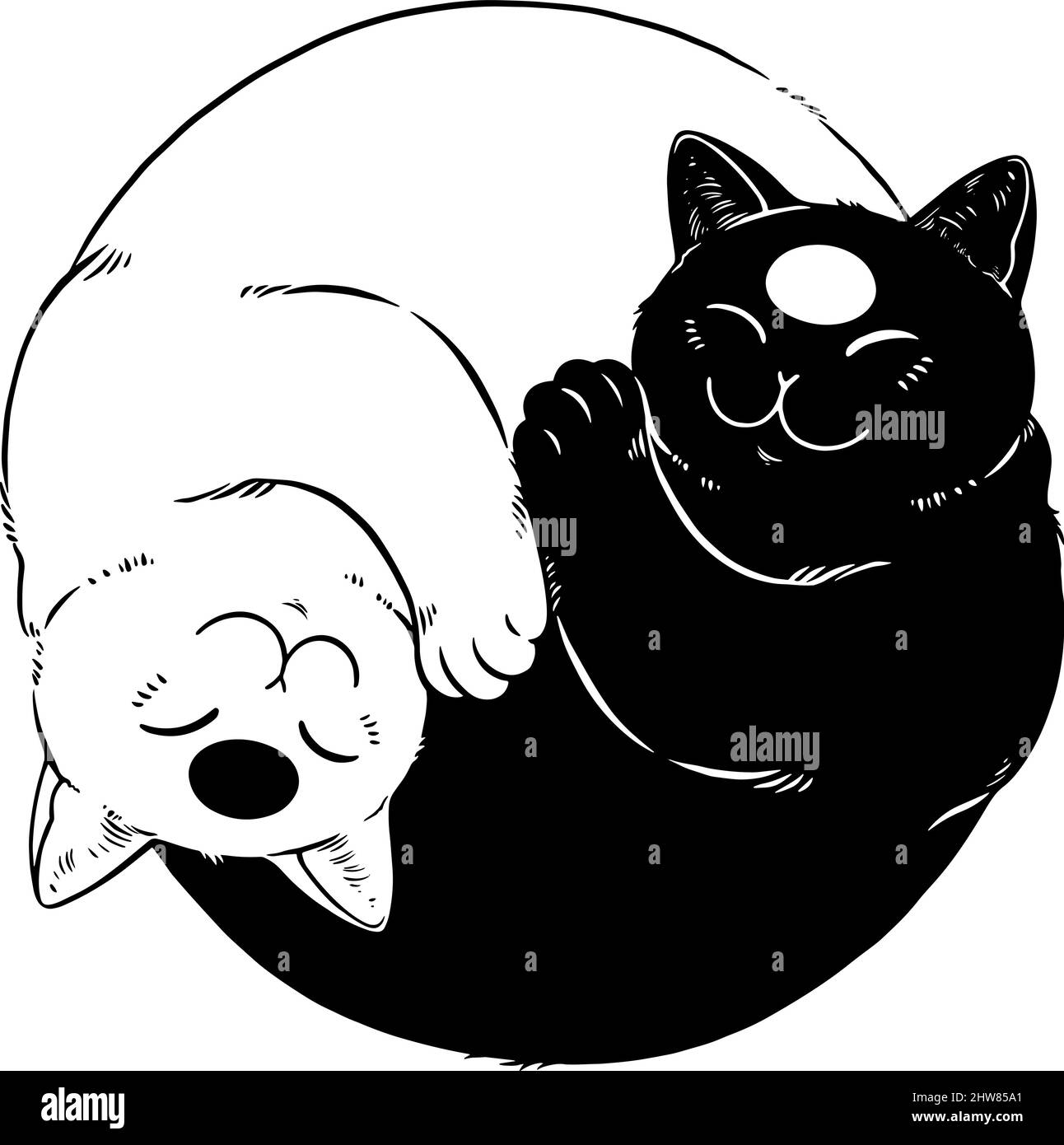 Yin Yang niedliche schlafende Katzen. Schwarz-Weiß-Grafik Stock Vektor