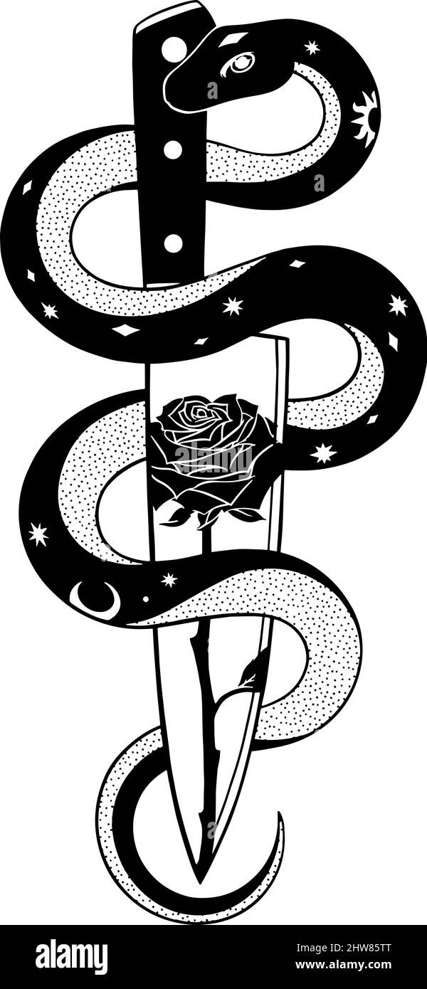 Grafische Illustration mit Schlangenmesser und Rose Stock Vektor