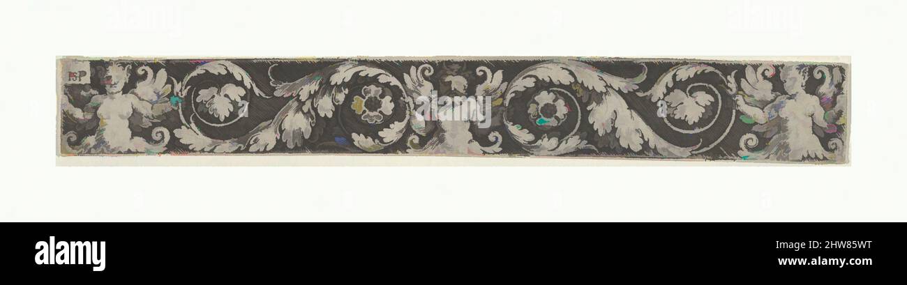 Kunst inspiriert von Frieze mit einer gehörnten männlichen Figur in der Mitte mit zwei Ranken an beiden Enden von geflügelten weiblichen Figuren gehalten, 1500–1550, Gravieren, Blatt: 5/8 x 5 1/4 Zoll (1,6 x 13,3 cm), Drucke, Sebald Beham (deutsch, Nürnberg 1500–1550 Frankfurt), Ornamenttafel mit gehörnter Männerfigur, Klassische Werke, die von Artotop mit einem Schuss Moderne modernisiert wurden. Formen, Farbe und Wert, auffällige visuelle Wirkung auf Kunst. Emotionen durch Freiheit von Kunstwerken auf zeitgemäße Weise. Eine zeitlose Botschaft, die eine wild kreative neue Richtung verfolgt. Künstler, die sich dem digitalen Medium zuwenden und die Artotop NFT erschaffen Stockfoto