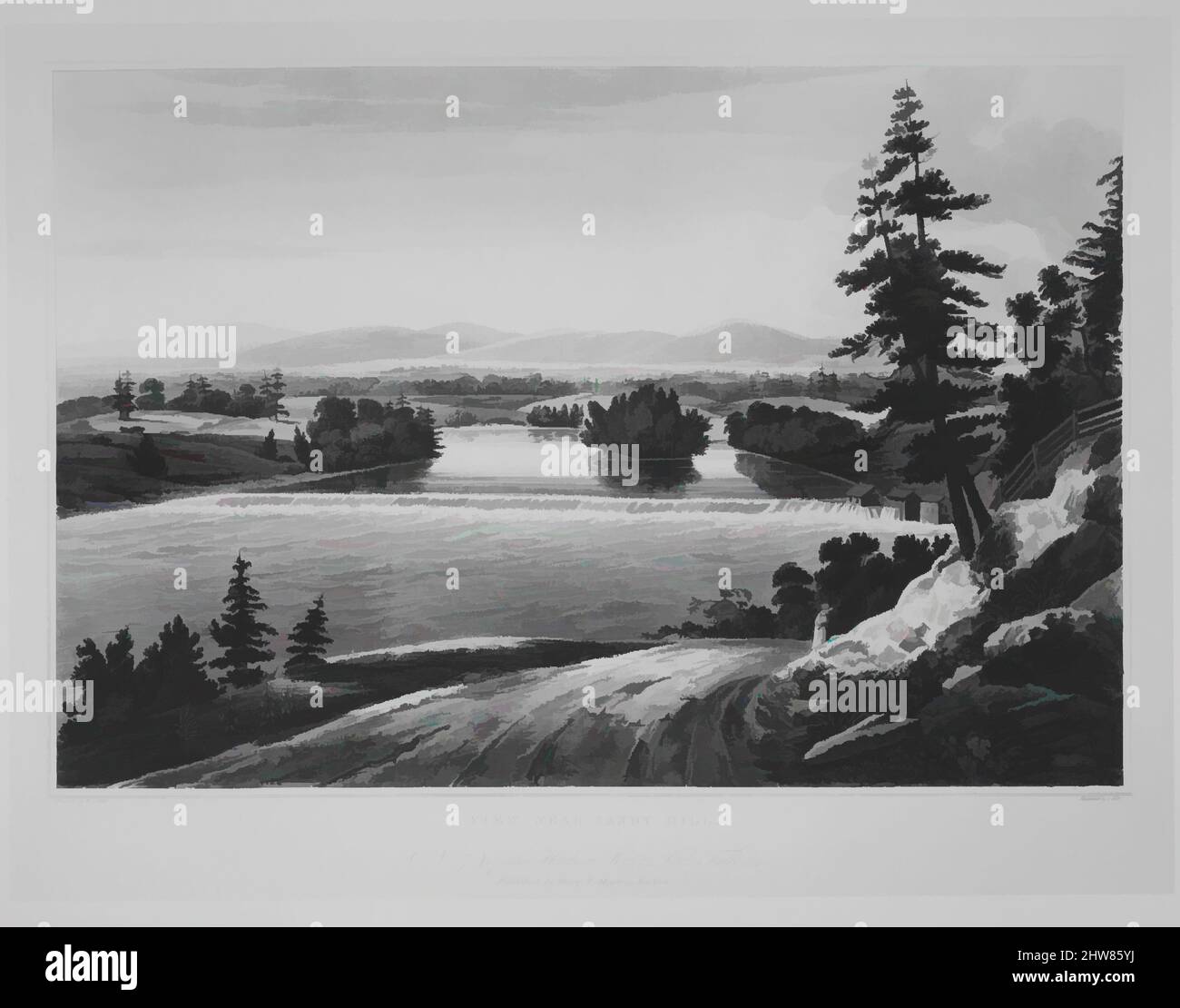 Kunst inspiriert von View in der Nähe von Sandy Hill (Nr. 7 of the Hudson River Portfolio), 1822–23, Aquatint in Farbe mit Handkolorierung gedruckt; erster Zustand von zwei (Koke), Bild: 14 1/16 x 20 3/16 Zoll (35,7 x 51,3 cm), Drucke, nach William Guy Wall (irisch, Dublin 1792–nach 1864 Irland (aktiv, Classic Works modernisiert von Artotop mit einem Schuss Moderne. Formen, Farbe und Wert, auffällige visuelle Wirkung auf Kunst. Emotionen durch Freiheit von Kunstwerken auf zeitgemäße Weise. Eine zeitlose Botschaft, die eine wild kreative neue Richtung verfolgt. Künstler, die sich dem digitalen Medium zuwenden und die Artotop NFT erschaffen Stockfoto