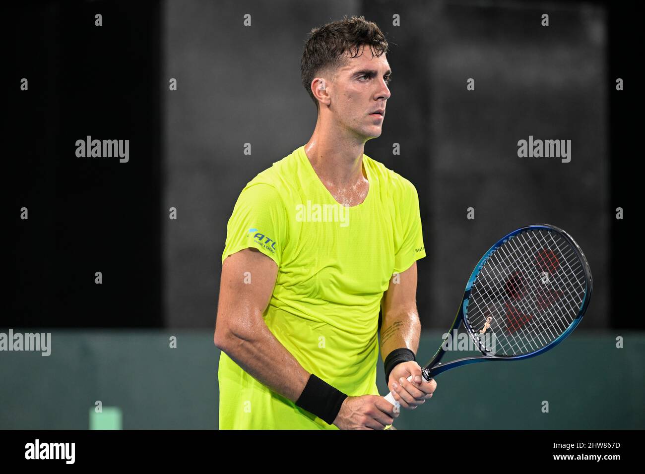 4.. März 2022: Ken Rosewall Arena, Sydney Olympic Park, Sydney, Australien; Davis Cup Tennis, Australien gegen Ungarn; Thanasi Kokkinakis aus Australien Stockfoto