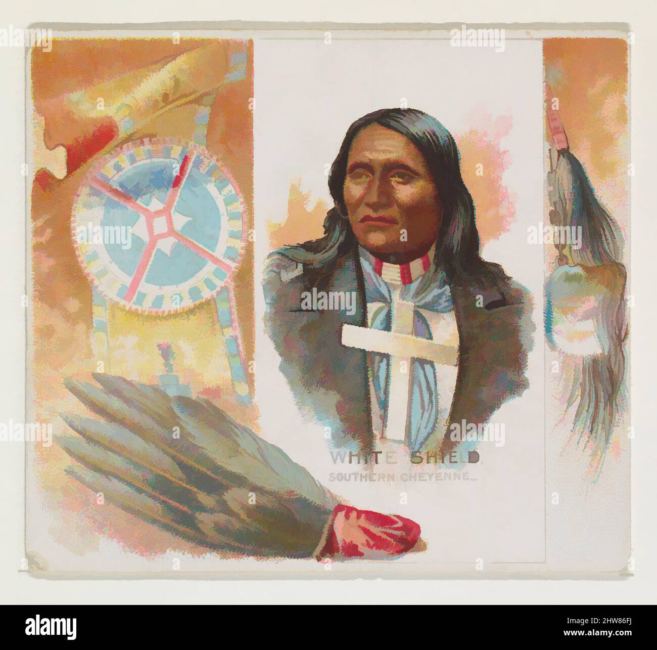 Art inspired by White Shield, Southern Cheyenne, from the American Indian Chiefs series (N36) for Allen & Ginter Cigarettes, 1888, Commercial color lithograph, Sheet: 2 7/8 x 3 1/4 in. (7,3 x 8,3 cm), Handelskarten aus der Serie 'American Indian Chiefs' (N36), die 1888 in einem Set herausgegeben wurde, klassische Werke, die von Artotop mit einem Schuss Modernität modernisiert wurden. Formen, Farbe und Wert, auffällige visuelle Wirkung auf Kunst. Emotionen durch Freiheit von Kunstwerken auf zeitgemäße Weise. Eine zeitlose Botschaft, die eine wild kreative neue Richtung verfolgt. Künstler, die sich dem digitalen Medium zuwenden und die Artotop NFT erschaffen Stockfoto