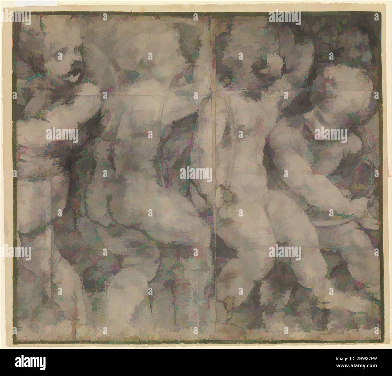 Kunst inspiriert von Putti spielt mit Reifen (Cartoon für ein Fresko in der Kathedrale von Parma), ca. 1548, schwarze Kreide; Konturen für Transfer gestochen, Blatt: 22 × 24 13/16 Zoll (55,9 × 63 cm), Zeichnungen, Michelangelo Anselmi (italienisch, Siena oder Lucca (?) 1492–1556 Parma), in diesem seltenen, monumentalen, von Artotop modernisierten, klassischen Werk mit einem Schuss Moderne. Formen, Farbe und Wert, auffällige visuelle Wirkung auf Kunst. Emotionen durch Freiheit von Kunstwerken auf zeitgemäße Weise. Eine zeitlose Botschaft, die eine wild kreative neue Richtung verfolgt. Künstler, die sich dem digitalen Medium zuwenden und die Artotop NFT erschaffen Stockfoto