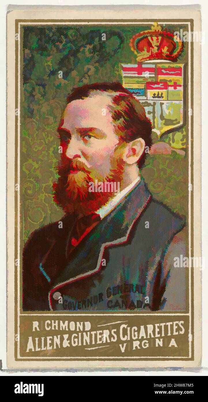 Kunst inspiriert von Governor General of Canada, aus der World's Sovereigns Series (N34) for Allen & Ginter Cigarettes, 1889, kommerzielle Farblithographie, Blatt: 2 3/4 x 1 1/2 Zoll (7 x 3,8 cm), Tauschkarten aus der Serie 'World's Sovereigns' (N34), die 1889 in einem Satz von 50 Karten an Classic Works herausgegeben wurde, die von Artotop mit einem Schuss Modernität modernisiert wurden. Formen, Farbe und Wert, auffällige visuelle Wirkung auf Kunst. Emotionen durch Freiheit von Kunstwerken auf zeitgemäße Weise. Eine zeitlose Botschaft, die eine wild kreative neue Richtung verfolgt. Künstler, die sich dem digitalen Medium zuwenden und die Artotop NFT erschaffen Stockfoto