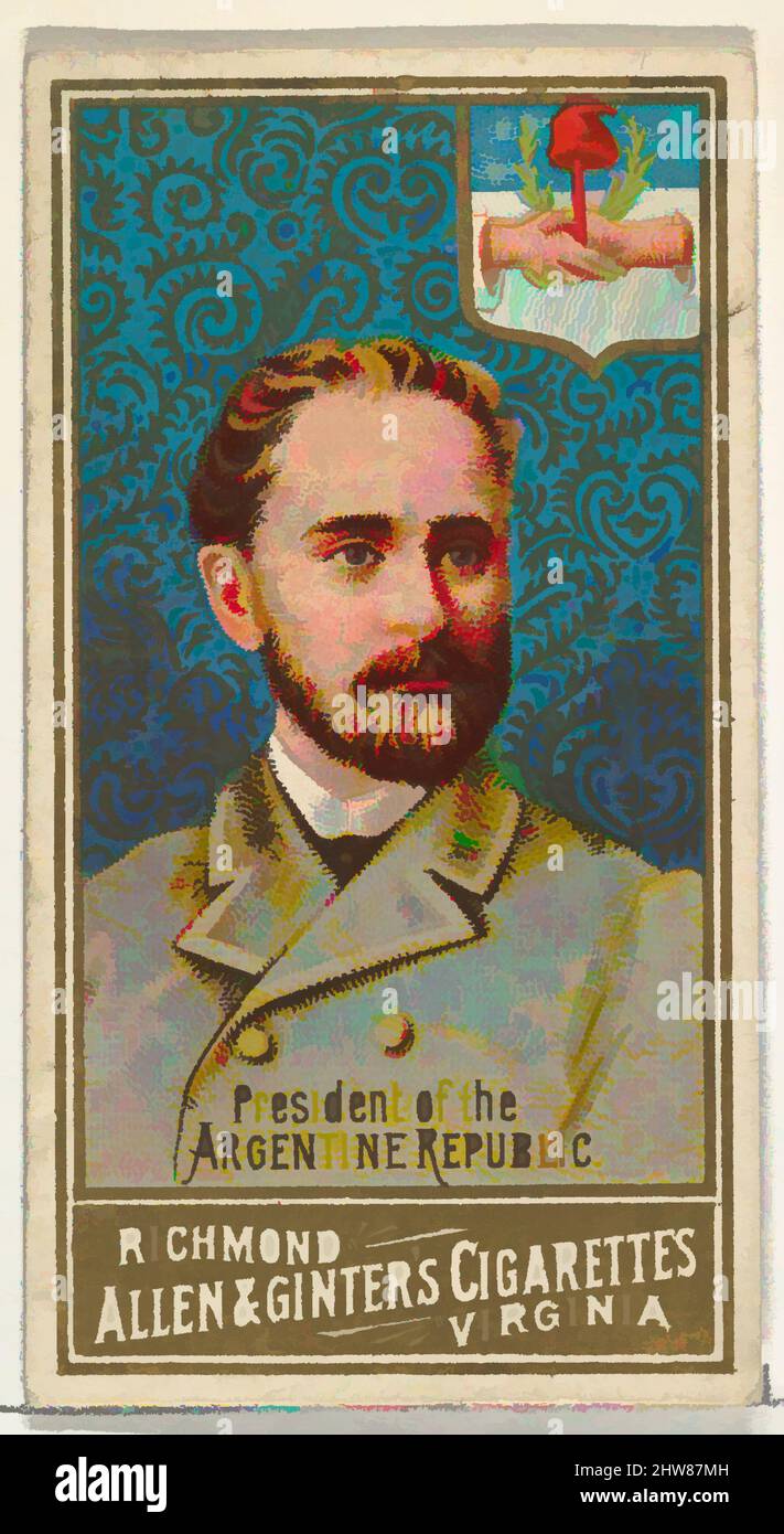 Kunst inspiriert vom Präsidenten der Argentinischen Republik, aus der World's Sovereigns Series (N34) for Allen & Ginter Cigarettes, 1889, kommerzielle Farblithographie, Blatt: 2 3/4 x 1 1/2 Zoll (7 x 3,8 cm), Tauschkarten aus der Serie 'World's Sovereigns' (N34), die 1889 in einem Satz von 50 Karten herausgegeben wurde, klassische Werke, die von Artotop mit einem Schuss Modernität modernisiert wurden. Formen, Farbe und Wert, auffällige visuelle Wirkung auf Kunst. Emotionen durch Freiheit von Kunstwerken auf zeitgemäße Weise. Eine zeitlose Botschaft, die eine wild kreative neue Richtung verfolgt. Künstler, die sich dem digitalen Medium zuwenden und die Artotop NFT erschaffen Stockfoto