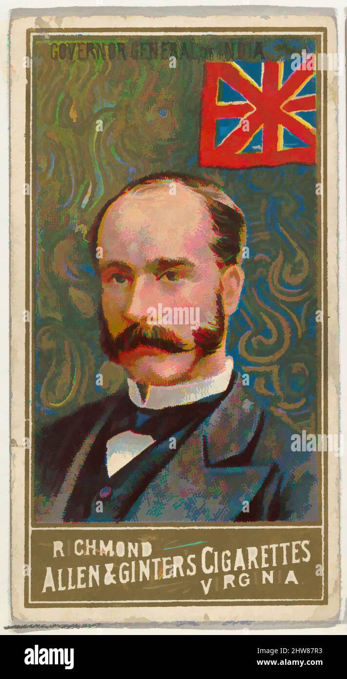 Kunst inspiriert von Governor General of India, aus der World's Sovereigns Series (N34) for Allen & Ginter Cigarettes, 1889, kommerzielle Farblithographie, Blatt: 2 3/4 x 1 1/2 Zoll (7 x 3,8 cm), Tauschkarten aus der Serie 'World's Sovereigns' (N34), die 1889 in einem Satz von 50 Karten an Classic Works herausgegeben wurde, die von Artotop mit einem Schuss Modernität modernisiert wurden. Formen, Farbe und Wert, auffällige visuelle Wirkung auf Kunst. Emotionen durch Freiheit von Kunstwerken auf zeitgemäße Weise. Eine zeitlose Botschaft, die eine wild kreative neue Richtung verfolgt. Künstler, die sich dem digitalen Medium zuwenden und die Artotop NFT erschaffen Stockfoto