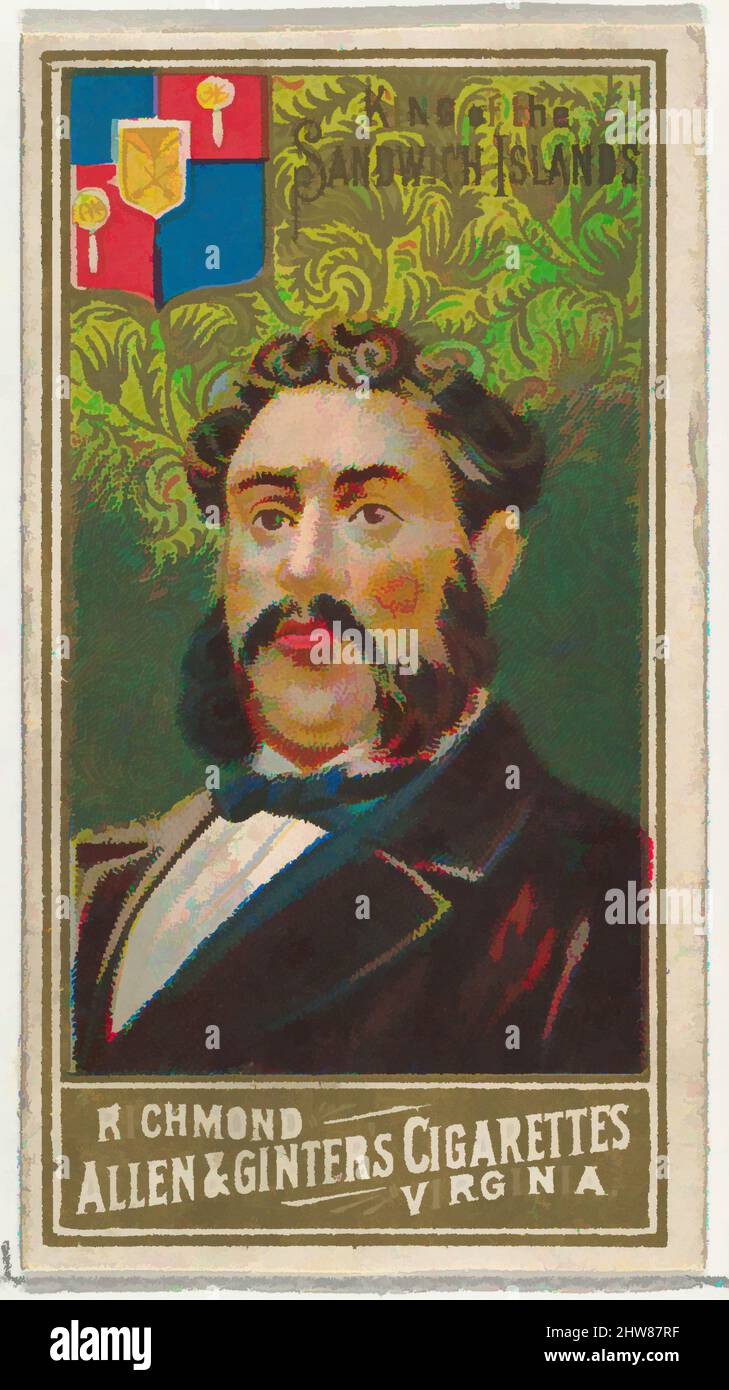 Kunst inspiriert von King of the Sandwich Islands, aus der World's Sovereigns Series (N34) für Allen & Ginter Cigarettes, 1889, kommerzielle Farblithographie, Blatt: 2 3/4 x 1 1/2 Zoll (7 x 3,8 cm), Tauschkarten aus der Serie 'World's Sovereigns' (N34), die 1889 in einem Satz von 50 Karten an Classic Works herausgegeben wurde, die von Artotop mit einem Schuss Modernität modernisiert wurden. Formen, Farbe und Wert, auffällige visuelle Wirkung auf Kunst. Emotionen durch Freiheit von Kunstwerken auf zeitgemäße Weise. Eine zeitlose Botschaft, die eine wild kreative neue Richtung verfolgt. Künstler, die sich dem digitalen Medium zuwenden und die Artotop NFT erschaffen Stockfoto
