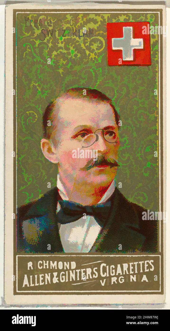 Kunst inspiriert vom Präsidenten der Schweiz, aus der World's Sovereigns Serie (N34) für Allen & Ginter Zigaretten, 1889, kommerzielle Farblithographie, Blatt: 2 3/4 x 1 1/2 Zoll (7 x 3,8 cm), Tauschkarten aus der Serie 'World's Sovereigns' (N34), die 1889 in einem Satz von 50 Karten für die Werbung herausgegeben wurde, und klassische Werke, die von Artotop mit einem Schuss Modernität modernisiert wurden. Formen, Farbe und Wert, auffällige visuelle Wirkung auf Kunst. Emotionen durch Freiheit von Kunstwerken auf zeitgemäße Weise. Eine zeitlose Botschaft, die eine wild kreative neue Richtung verfolgt. Künstler, die sich dem digitalen Medium zuwenden und die Artotop NFT erschaffen Stockfoto