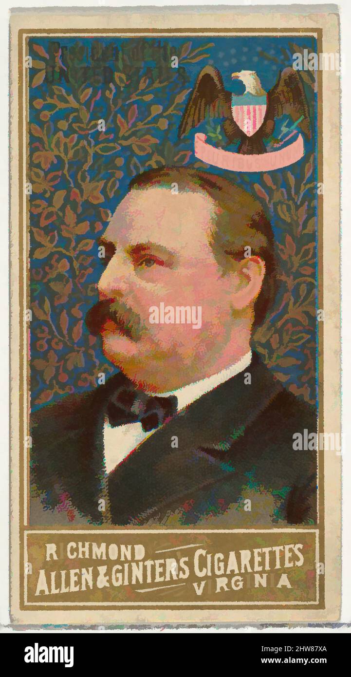 Kunst inspiriert vom Präsidenten der Vereinigten Staaten, aus der World's Sovereigns Series (N34) for Allen & Ginter Cigarettes, 1889, kommerzielle Farblithographie, Blatt: 2 3/4 x 1 1/2 Zoll (7 x 3,8 cm), Tauschkarten aus der Serie 'World's Sovereigns' (N34), die 1889 in einem Satz von 50 Karten an Classic Works herausgegeben wurde, die von Artotop mit einem Schuss Modernität modernisiert wurden. Formen, Farbe und Wert, auffällige visuelle Wirkung auf Kunst. Emotionen durch Freiheit von Kunstwerken auf zeitgemäße Weise. Eine zeitlose Botschaft, die eine wild kreative neue Richtung verfolgt. Künstler, die sich dem digitalen Medium zuwenden und die Artotop NFT erschaffen Stockfoto
