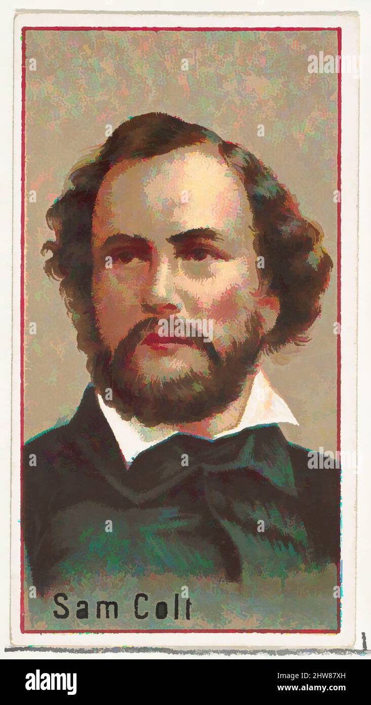 Art inspired by Samuel Colt, Druckermuster für das World's Inventors Souvenir Album (A25) für Allen & Ginter Cigarettes, 1888, kommerzielle Farblithographie, Blatt: 2 3/4 x 1 1/2 Zoll (7 x 3,8 cm), Druckerproben für das Sammleralbum 'World's Inventors' (A25), das 1888 für Classic Works herausgegeben wurde, das von Artotop mit einem Schuss Moderne modernisiert wurde. Formen, Farbe und Wert, auffällige visuelle Wirkung auf Kunst. Emotionen durch Freiheit von Kunstwerken auf zeitgemäße Weise. Eine zeitlose Botschaft, die eine wild kreative neue Richtung verfolgt. Künstler, die sich dem digitalen Medium zuwenden und die Artotop NFT erschaffen Stockfoto