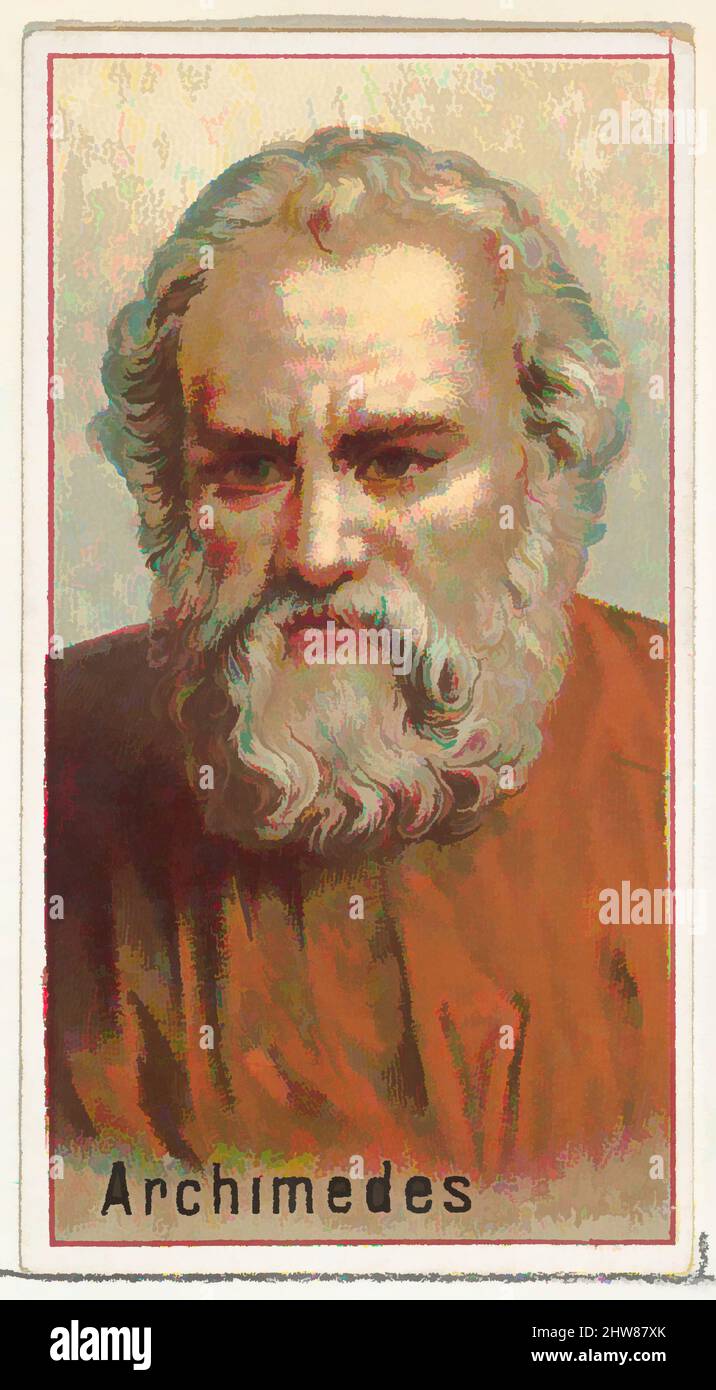 Von Archimedes inspirierte Kunst, Druckmuster für das Souvenir-Album der Erfinder der Welt (A25) für Allen & Ginter Zigaretten, 1888, kommerzielle Farblithographie, Blatt: 2 3/4 x 1 1/2 Zoll (7 x 3,8 cm), Druckerproben für das Sammleralbum 'World's Inventors' (A25), das 1888 für Classic Works herausgegeben wurde, das von Artotop mit einem Schuss Moderne modernisiert wurde. Formen, Farbe und Wert, auffällige visuelle Wirkung auf Kunst. Emotionen durch Freiheit von Kunstwerken auf zeitgemäße Weise. Eine zeitlose Botschaft, die eine wild kreative neue Richtung verfolgt. Künstler, die sich dem digitalen Medium zuwenden und die Artotop NFT erschaffen Stockfoto