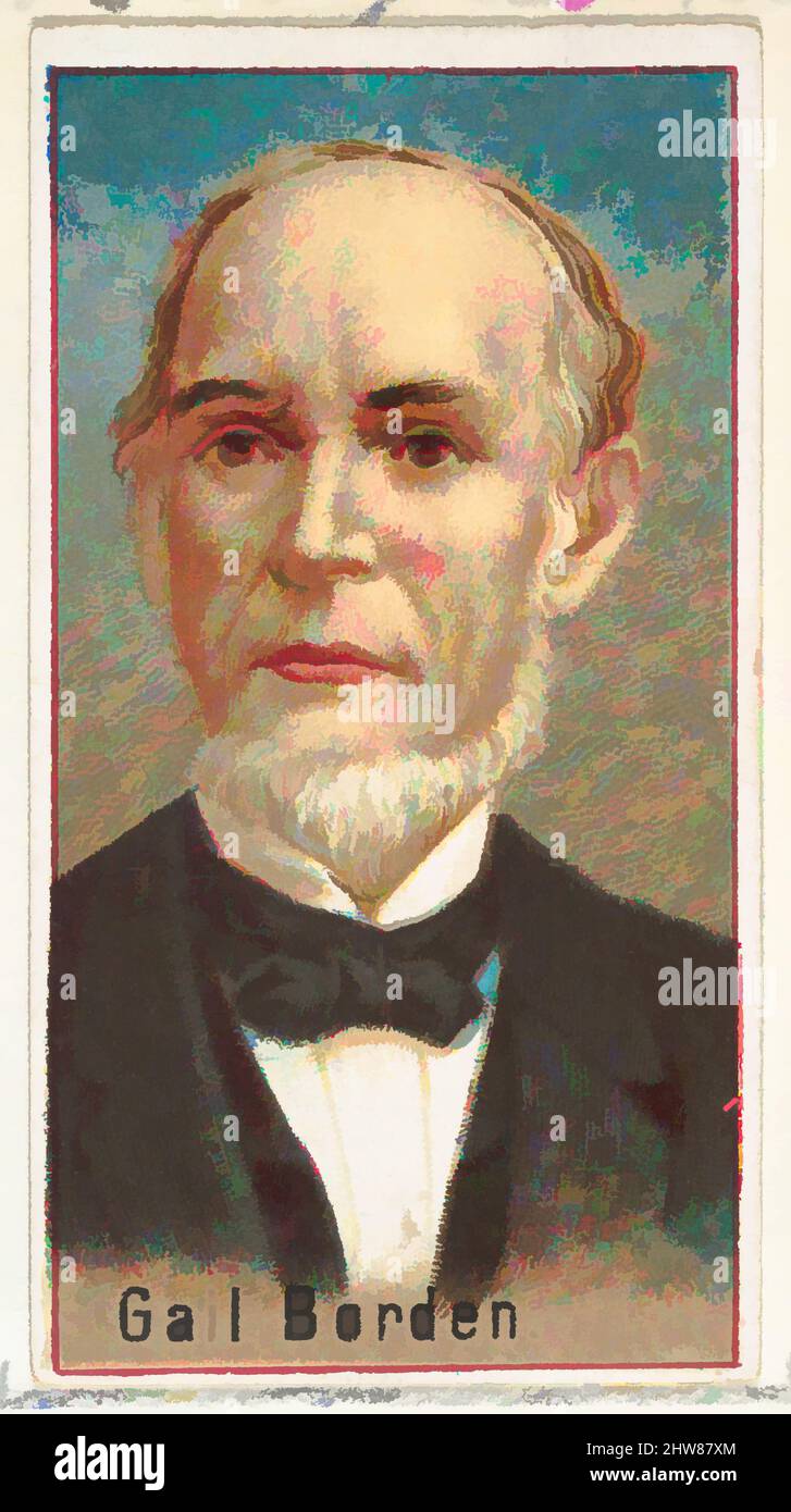 Art inspired by Gail Borden, Druckerbeispiel für das World's Inventors Souvenir Album (A25) für Allen & Ginter Zigaretten, 1888, kommerzielle Farblithographie, Blatt: 2 3/4 x 1 1/2 Zoll (7 x 3,8 cm), Druckerproben für das Sammleralbum 'World's Inventors' (A25), das 1888 für Classic Works herausgegeben wurde, das von Artotop mit einem Schuss Moderne modernisiert wurde. Formen, Farbe und Wert, auffällige visuelle Wirkung auf Kunst. Emotionen durch Freiheit von Kunstwerken auf zeitgemäße Weise. Eine zeitlose Botschaft, die eine wild kreative neue Richtung verfolgt. Künstler, die sich dem digitalen Medium zuwenden und die Artotop NFT erschaffen Stockfoto