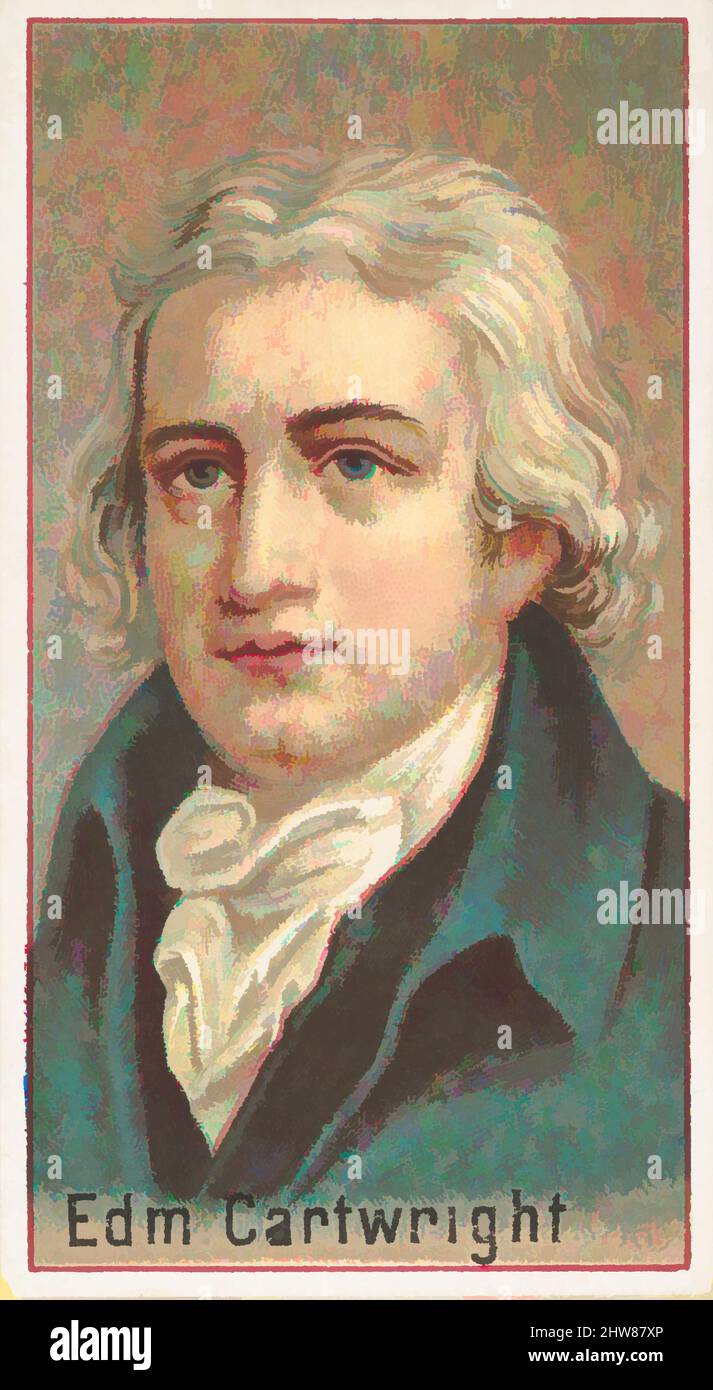 Kunst inspiriert von Edmund Cartwright, Druckmuster für das Souvenir-Album der Erfinder der Welt (A25) für Allen & Ginter Zigaretten, 1888, kommerzielle Farblithographie, Blatt: 2 3/4 x 1 1/2 Zoll (7 x 3,8 cm), Druckerproben für das Sammleralbum 'World's Inventors' (A25), herausgegeben in, Classic Works modernisiert von Artotop mit einem Schuss Moderne. Formen, Farbe und Wert, auffällige visuelle Wirkung auf Kunst. Emotionen durch Freiheit von Kunstwerken auf zeitgemäße Weise. Eine zeitlose Botschaft, die eine wild kreative neue Richtung verfolgt. Künstler, die sich dem digitalen Medium zuwenden und die Artotop NFT erschaffen Stockfoto