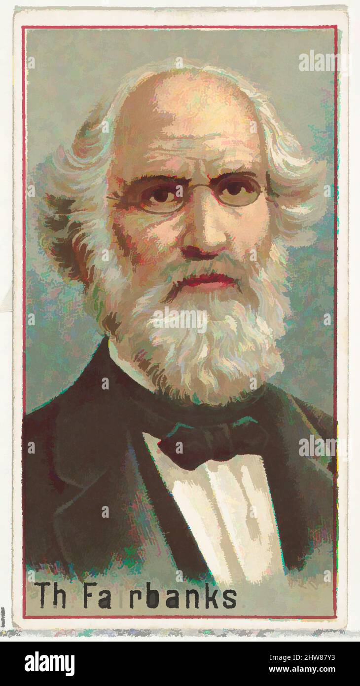 Kunst inspiriert von Thaddeus Fairbanks, Druckmuster für das World's Inventors Souvenir Album (A25) für Allen & Ginter Zigaretten, 1888, kommerzielle Farblithographie, Blatt: 2 3/4 x 1 1/2 Zoll (7 x 3,8 cm), Druckerproben für das Sammleralbum 'World's Inventors' (A25), herausgegeben in, Classic Works modernisiert von Artotop mit einem Schuss Moderne. Formen, Farbe und Wert, auffällige visuelle Wirkung auf Kunst. Emotionen durch Freiheit von Kunstwerken auf zeitgemäße Weise. Eine zeitlose Botschaft, die eine wild kreative neue Richtung verfolgt. Künstler, die sich dem digitalen Medium zuwenden und die Artotop NFT erschaffen Stockfoto