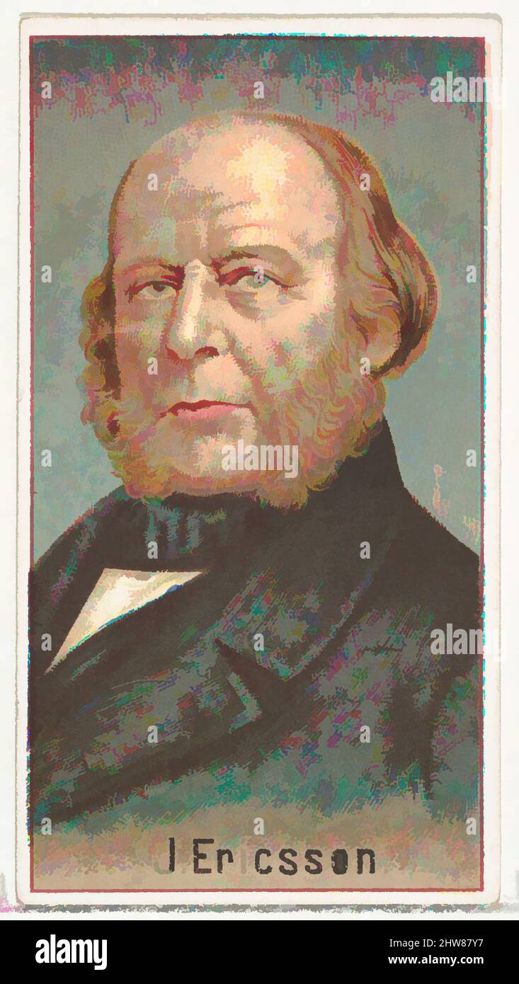 Art inspired by J. Ericsson, Druckermuster für das World's Inventors Souvenir Album (A25) für Allen & Ginter Zigaretten, 1888, kommerzielle Farblithographie, Blatt: 2 3/4 x 1 1/2 Zoll (7 x 3,8 cm), Druckerproben für das Sammleralbum 'World's Inventors' (A25), das 1888 für Classic Works herausgegeben wurde, das von Artotop mit einem Schuss Moderne modernisiert wurde. Formen, Farbe und Wert, auffällige visuelle Wirkung auf Kunst. Emotionen durch Freiheit von Kunstwerken auf zeitgemäße Weise. Eine zeitlose Botschaft, die eine wild kreative neue Richtung verfolgt. Künstler, die sich dem digitalen Medium zuwenden und die Artotop NFT erschaffen Stockfoto