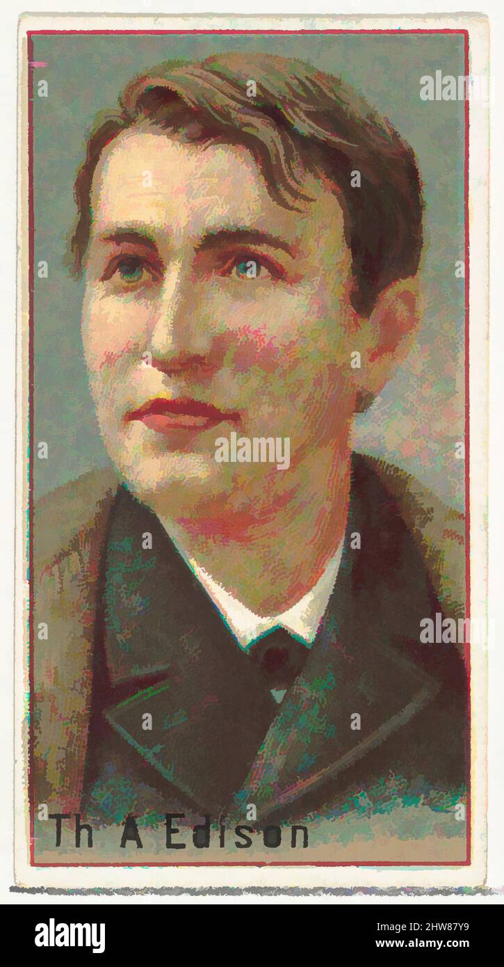 Kunst inspiriert von Thomas A. Edison, Druckmuster für das Souvenir-Album der Erfinder der Welt (A25) für Allen & Ginter Zigaretten, 1888, kommerzielle Farblithographie, Blatt: 2 3/4 x 1 1/2 Zoll (7 x 3,8 cm), Druckerproben für das Sammleralbum 'World's Inventors' (A25), herausgegeben in, Classic Works modernisiert von Artotop mit einem Schuss Moderne. Formen, Farbe und Wert, auffällige visuelle Wirkung auf Kunst. Emotionen durch Freiheit von Kunstwerken auf zeitgemäße Weise. Eine zeitlose Botschaft, die eine wild kreative neue Richtung verfolgt. Künstler, die sich dem digitalen Medium zuwenden und die Artotop NFT erschaffen Stockfoto