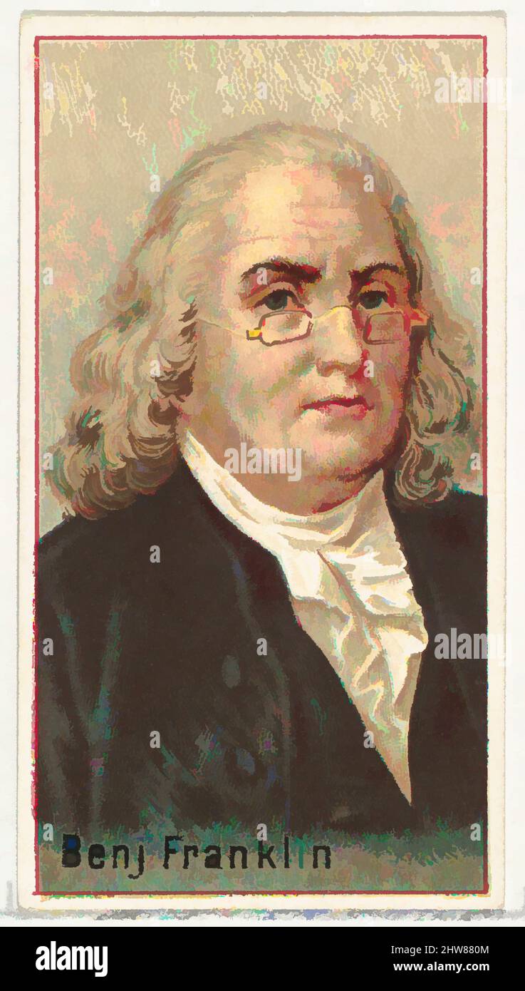 Kunst inspiriert von Benjamin Franklin, Druckmuster für das Souvenir-Album der Erfinder der Welt (A25) für Allen & Ginter Zigaretten, 1888, kommerzielle Farblithographie, Blatt: 2 3/4 x 1 1/2 Zoll (7 x 3,8 cm), Druckerproben für das Sammleralbum 'World's Inventors' (A25), herausgegeben in, Classic Works modernisiert von Artotop mit einem Schuss Moderne. Formen, Farbe und Wert, auffällige visuelle Wirkung auf Kunst. Emotionen durch Freiheit von Kunstwerken auf zeitgemäße Weise. Eine zeitlose Botschaft, die eine wild kreative neue Richtung verfolgt. Künstler, die sich dem digitalen Medium zuwenden und die Artotop NFT erschaffen Stockfoto