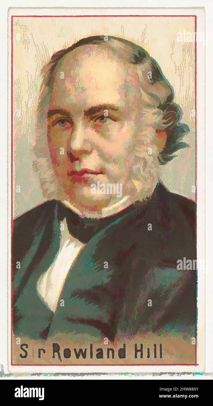 Kunst inspiriert von Sir Rowland Hill, Druckmuster für das World's Inventors Souvenir Album (A25) für Allen & Ginter Zigaretten, 1888, kommerzielle Farblithographie, Blatt: 2 3/4 x 1 1/2 Zoll (7 x 3,8 cm), Druckerproben für das Sammleralbum 'World's Inventors' (A25), herausgegeben in, Classic Works modernisiert von Artotop mit einem Schuss Moderne. Formen, Farbe und Wert, auffällige visuelle Wirkung auf Kunst. Emotionen durch Freiheit von Kunstwerken auf zeitgemäße Weise. Eine zeitlose Botschaft, die eine wild kreative neue Richtung verfolgt. Künstler, die sich dem digitalen Medium zuwenden und die Artotop NFT erschaffen Stockfoto