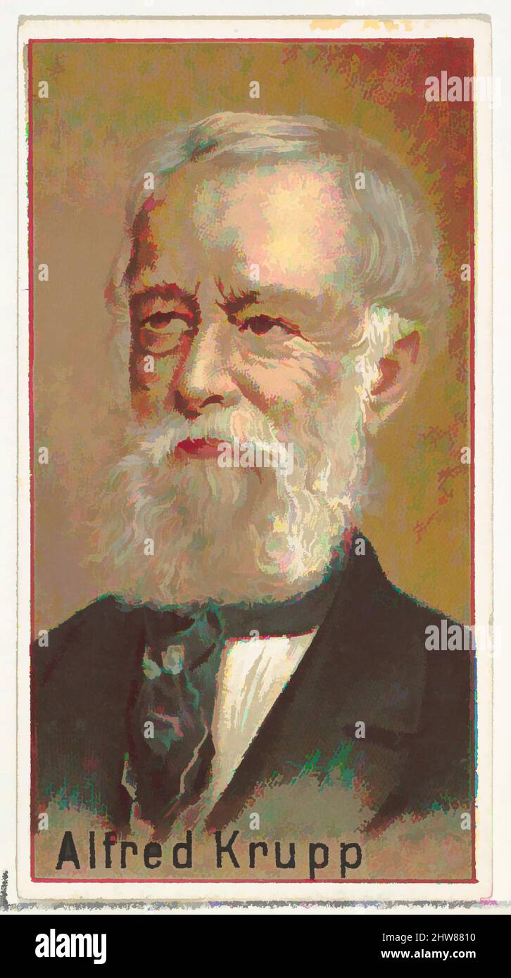 Kunst inspiriert von Alfred Krupp, Druckmuster für das Souvenir-Album der Erfinder der Welt (A25) für Allen & Ginter Zigaretten, 1888, kommerzielle Farblithographie, Blatt: 2 3/4 x 1 1/2 Zoll (7 x 3,8 cm), Druckerbeispiele für das 1888 erschienene Sammleralbum 'World's Inventors' (A25), Klassisches Werk, das von Artotop mit einem Schuss Moderne modernisiert wurde. Formen, Farbe und Wert, auffällige visuelle Wirkung auf Kunst. Emotionen durch Freiheit von Kunstwerken auf zeitgemäße Weise. Eine zeitlose Botschaft, die eine wild kreative neue Richtung verfolgt. Künstler, die sich dem digitalen Medium zuwenden und die Artotop NFT erschaffen Stockfoto