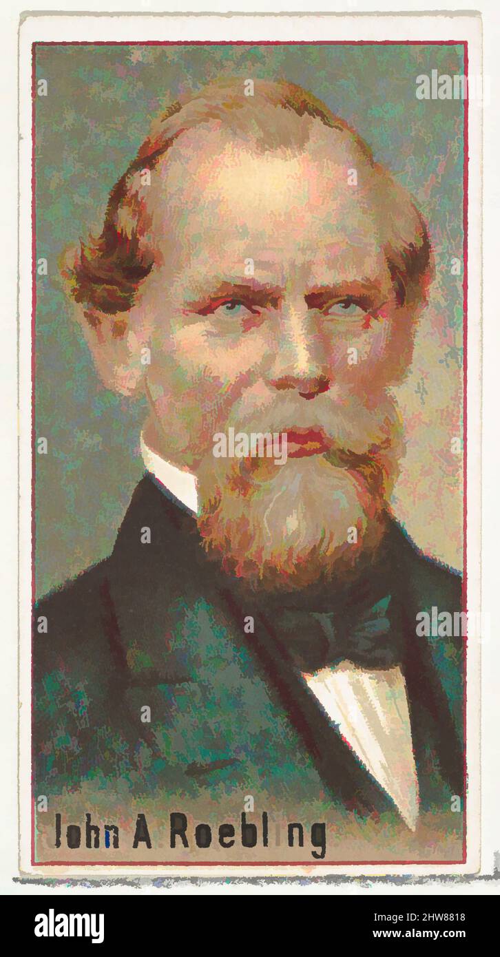 Kunst inspiriert von John A. Roebling, Druckmuster für das Souvenir-Album der Erfinder der Welt (A25) für Allen & Ginter Zigaretten, 1888, kommerzielle Farblithographie, Blatt: 2 3/4 x 1 1/2 Zoll (7 x 3,8 cm), Druckerproben für das Sammleralbum 'World's Inventors' (A25), herausgegeben in, Classic Works modernisiert von Artotop mit einem Schuss Moderne. Formen, Farbe und Wert, auffällige visuelle Wirkung auf Kunst. Emotionen durch Freiheit von Kunstwerken auf zeitgemäße Weise. Eine zeitlose Botschaft, die eine wild kreative neue Richtung verfolgt. Künstler, die sich dem digitalen Medium zuwenden und die Artotop NFT erschaffen Stockfoto