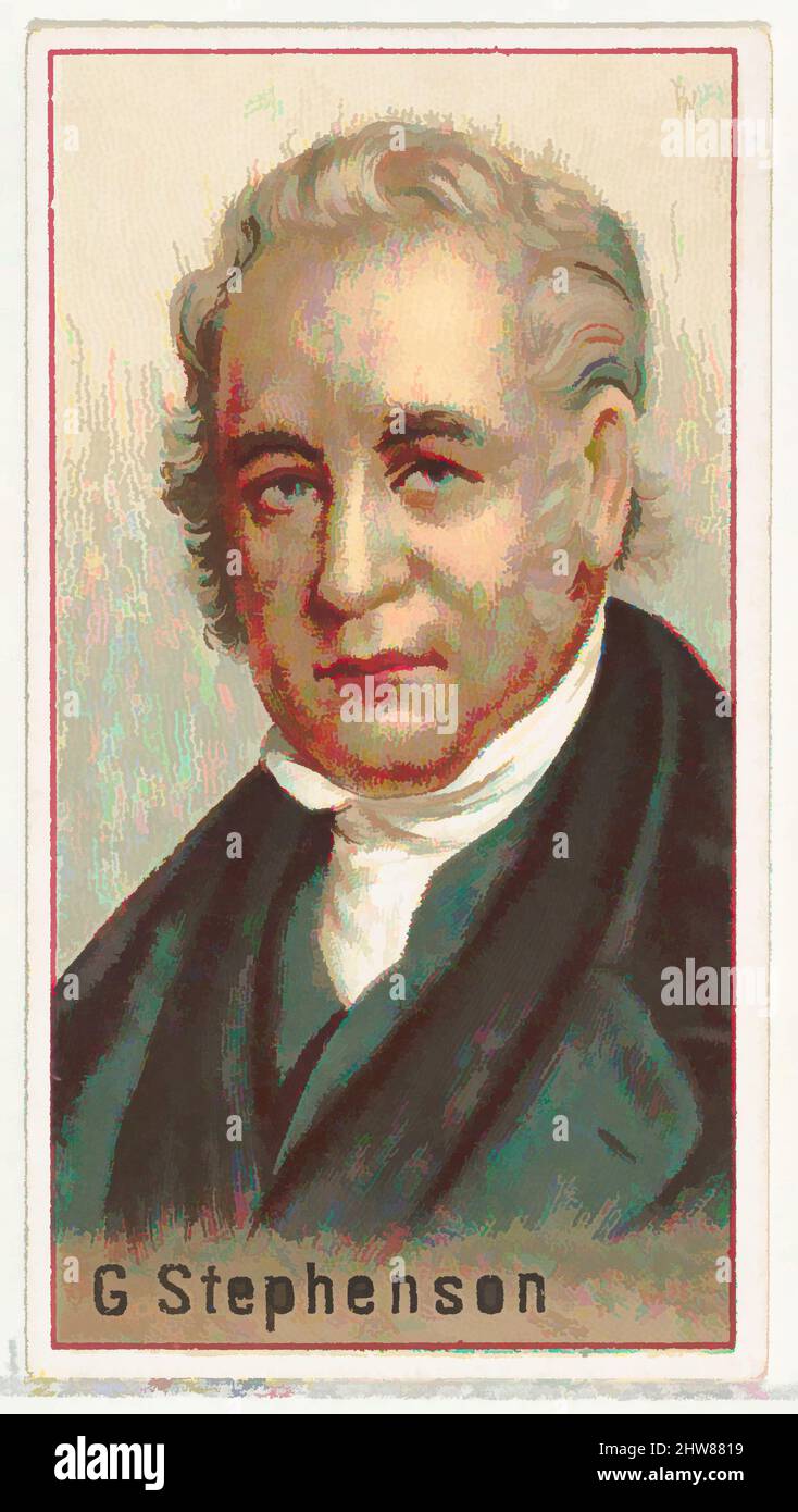 Art inspired by G. Stephenson, Druckermuster für das World's Inventors Souvenir Album (A25) für Allen & Ginter Zigaretten, 1888, kommerzielle Farblithographie, Blatt: 2 3/4 x 1 1/2 Zoll (7 x 3,8 cm), Druckerbeispiele für das 1888 erschienene Sammleralbum 'World's Inventors' (A25), Klassisches Werk, das von Artotop mit einem Schuss Moderne modernisiert wurde. Formen, Farbe und Wert, auffällige visuelle Wirkung auf Kunst. Emotionen durch Freiheit von Kunstwerken auf zeitgemäße Weise. Eine zeitlose Botschaft, die eine wild kreative neue Richtung verfolgt. Künstler, die sich dem digitalen Medium zuwenden und die Artotop NFT erschaffen Stockfoto