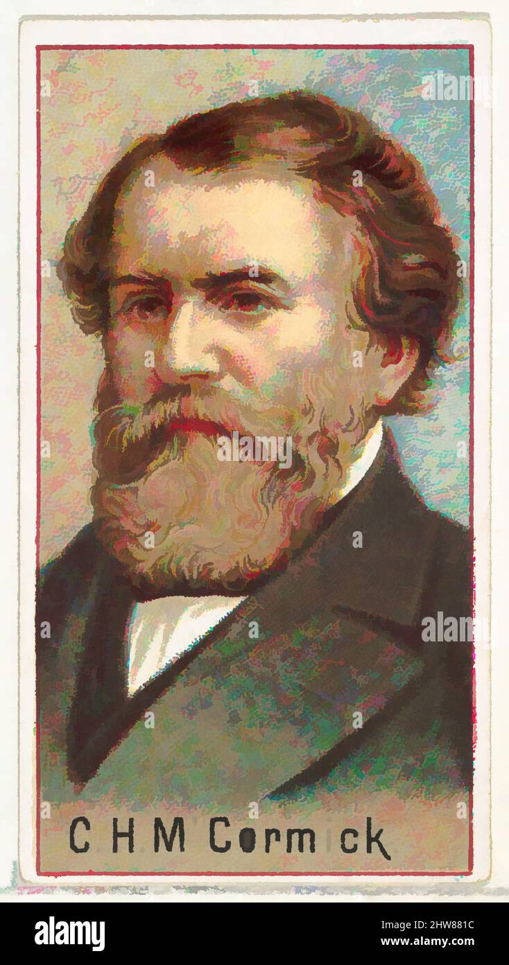 Kunst inspiriert von Cyrus Hall McCormick, Druckmuster für das Souvenir-Album der Erfinder der Welt (A25) für Allen & Ginter Zigaretten, 1888, kommerzielle Farblithographie, Blatt: 2 3/4 x 1 1/2 Zoll (7 x 3,8 cm), Druckerbeispiele für das Sammleralbum 'World's Inventors' (A25), herausgegeben, Klassisches Werk, modernisiert von Artotop mit einem Schuss Moderne. Formen, Farbe und Wert, auffällige visuelle Wirkung auf Kunst. Emotionen durch Freiheit von Kunstwerken auf zeitgemäße Weise. Eine zeitlose Botschaft, die eine wild kreative neue Richtung verfolgt. Künstler, die sich dem digitalen Medium zuwenden und die Artotop NFT erschaffen Stockfoto