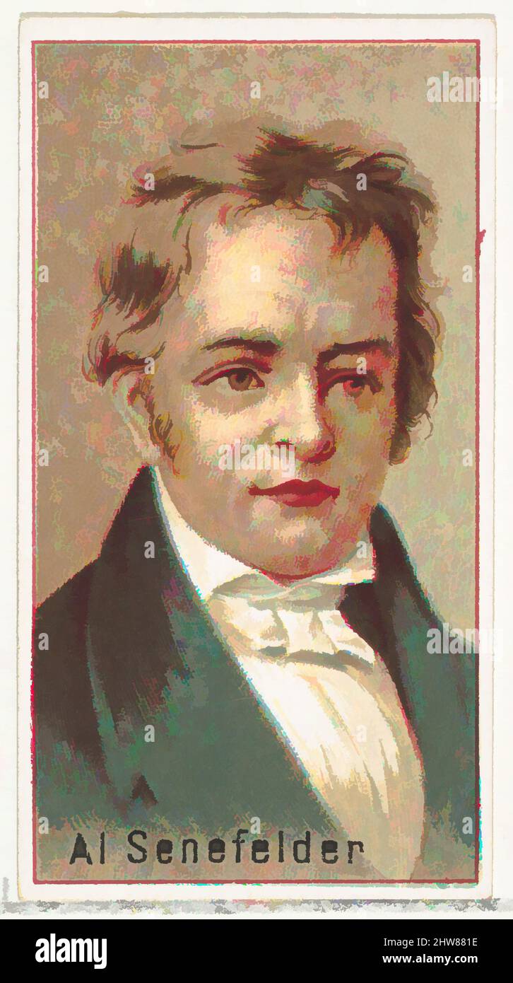 Kunst inspiriert von Alois Senefelder, Druckmuster für das Souvenir-Album der Erfinder der Welt (A25) für Allen & Ginter Zigaretten, 1888, kommerzielle Farblithographie, Blatt: 2 3/4 x 1 1/2 Zoll (7 x 3,8 cm), Druckerproben für das Sammleralbum 'World's Inventors' (A25), herausgegeben in, Classic Works modernisiert von Artotop mit einem Schuss Moderne. Formen, Farbe und Wert, auffällige visuelle Wirkung auf Kunst. Emotionen durch Freiheit von Kunstwerken auf zeitgemäße Weise. Eine zeitlose Botschaft, die eine wild kreative neue Richtung verfolgt. Künstler, die sich dem digitalen Medium zuwenden und die Artotop NFT erschaffen Stockfoto