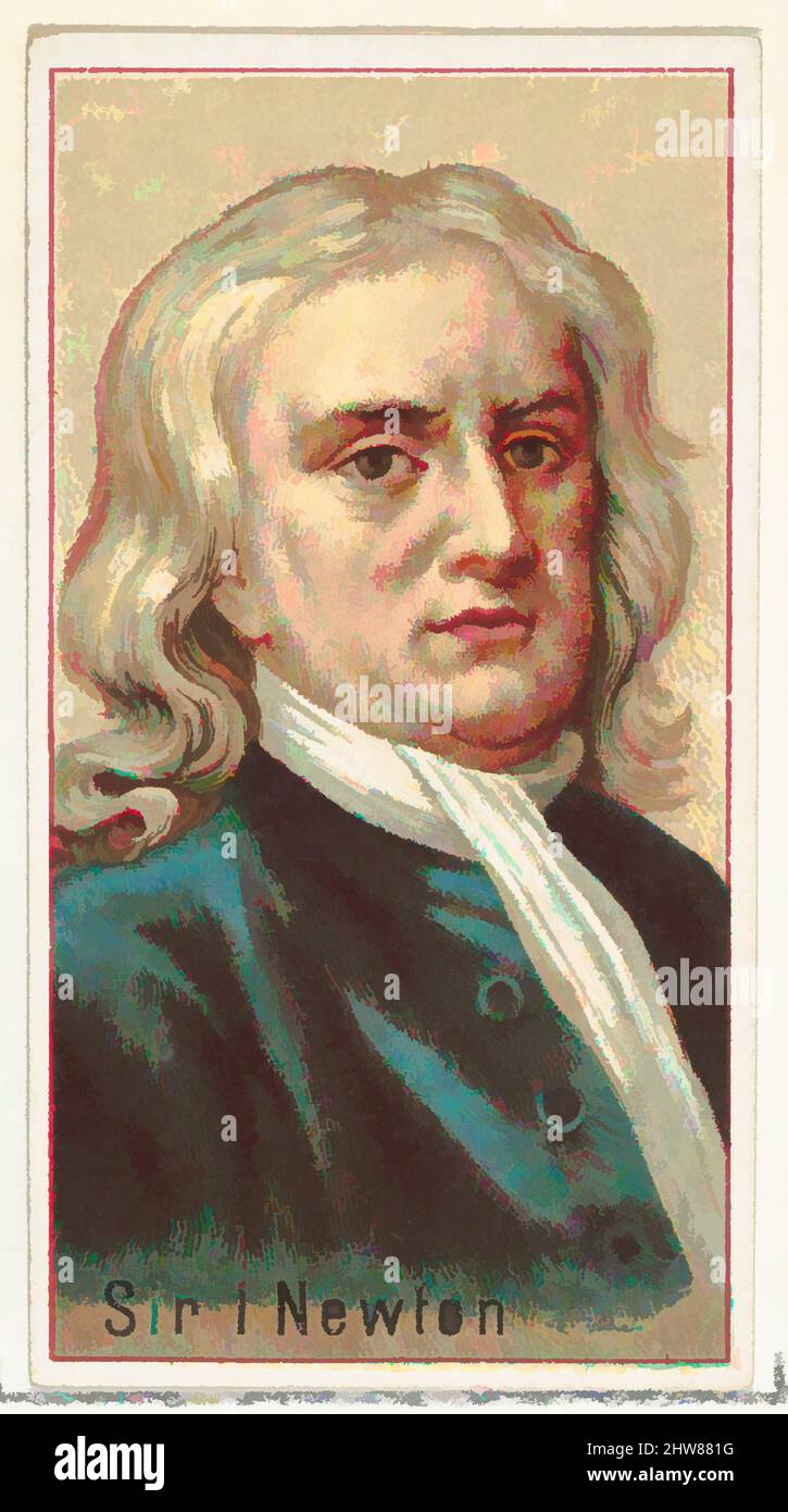 Kunst inspiriert von Sir Isaac Newton, Druckmuster für das Souvenir-Album der Erfinder der Welt (A25) für Allen & Ginter Zigaretten, 1888, kommerzielle Farblithographie, Blatt: 2 3/4 x 1 1/2 Zoll (7 x 3,8 cm), Druckerproben für das Sammleralbum 'World's Inventors' (A25), herausgegeben in, Classic Works modernisiert von Artotop mit einem Schuss Moderne. Formen, Farbe und Wert, auffällige visuelle Wirkung auf Kunst. Emotionen durch Freiheit von Kunstwerken auf zeitgemäße Weise. Eine zeitlose Botschaft, die eine wild kreative neue Richtung verfolgt. Künstler, die sich dem digitalen Medium zuwenden und die Artotop NFT erschaffen Stockfoto