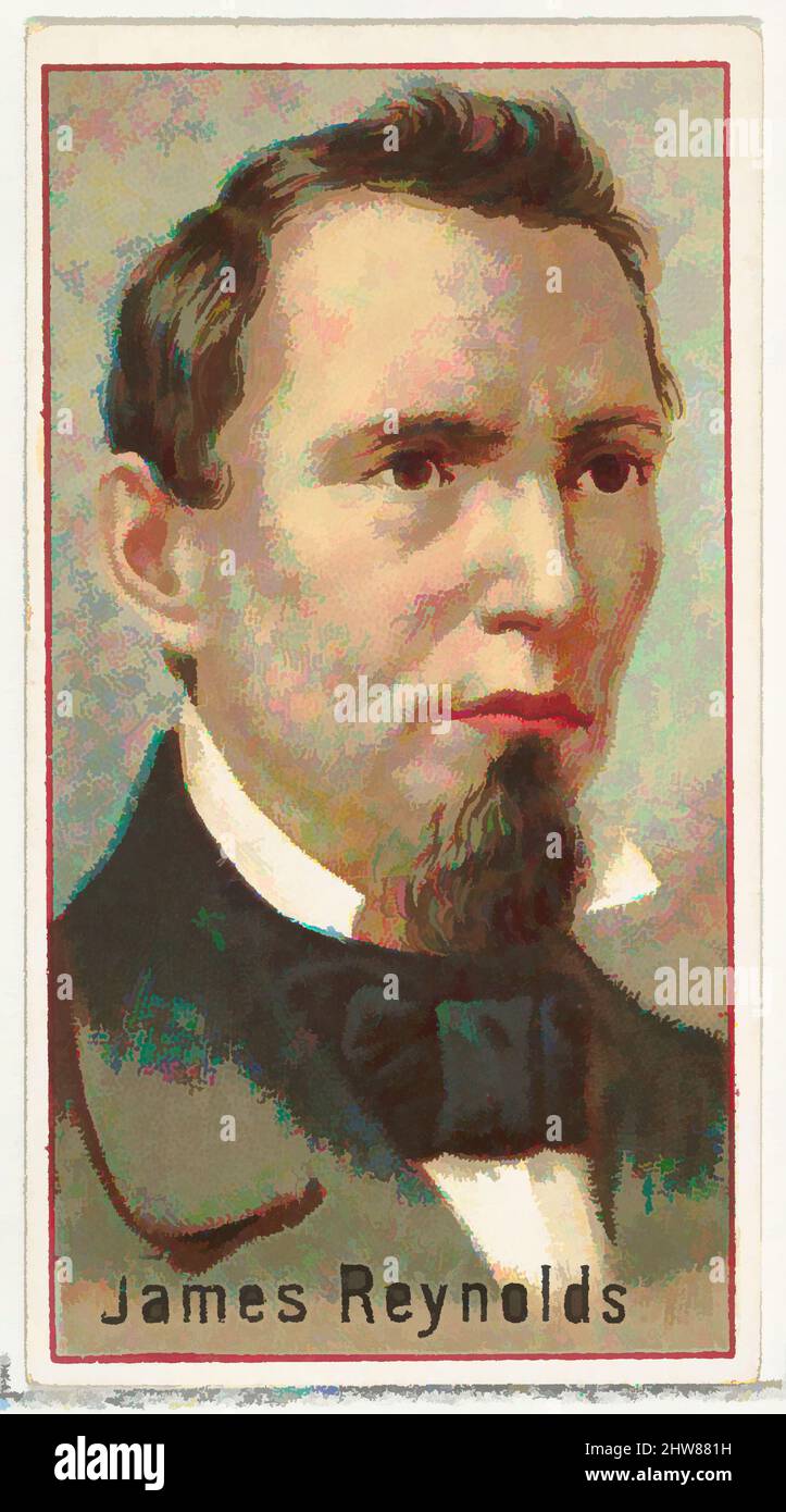 Von James Reynolds inspirierte Kunst, Druckmuster für das World's Inventors-Souvenir-Album (A25) für Allen & Ginter-Zigaretten, 1888, kommerzielle Farblithographie, Blatt: 2 3/4 x 1 1/2 Zoll (7 x 3,8 cm), Druckerbeispiele für das 1888 erschienene Sammleralbum 'World's Inventors' (A25), Klassisches Werk, das von Artotop mit einem Schuss Moderne modernisiert wurde. Formen, Farbe und Wert, auffällige visuelle Wirkung auf Kunst. Emotionen durch Freiheit von Kunstwerken auf zeitgemäße Weise. Eine zeitlose Botschaft, die eine wild kreative neue Richtung verfolgt. Künstler, die sich dem digitalen Medium zuwenden und die Artotop NFT erschaffen Stockfoto