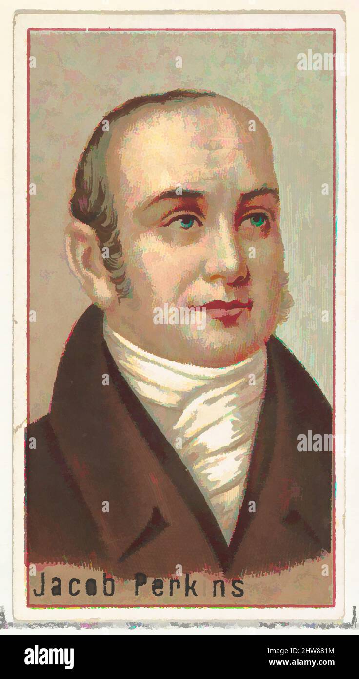 Von Jacob Perkins inspirierte Kunst, Druckmuster für das Souvenir-Album der Erfinder der Welt (A25) für Allen & Ginter Zigaretten, 1888, kommerzielle Farblithographie, Blatt: 2 3/4 x 1 1/2 Zoll (7 x 3,8 cm), Druckerbeispiele für das 1888 erschienene Sammleralbum 'World's Inventors' (A25), Klassisches Werk, das von Artotop mit einem Schuss Moderne modernisiert wurde. Formen, Farbe und Wert, auffällige visuelle Wirkung auf Kunst. Emotionen durch Freiheit von Kunstwerken auf zeitgemäße Weise. Eine zeitlose Botschaft, die eine wild kreative neue Richtung verfolgt. Künstler, die sich dem digitalen Medium zuwenden und die Artotop NFT erschaffen Stockfoto