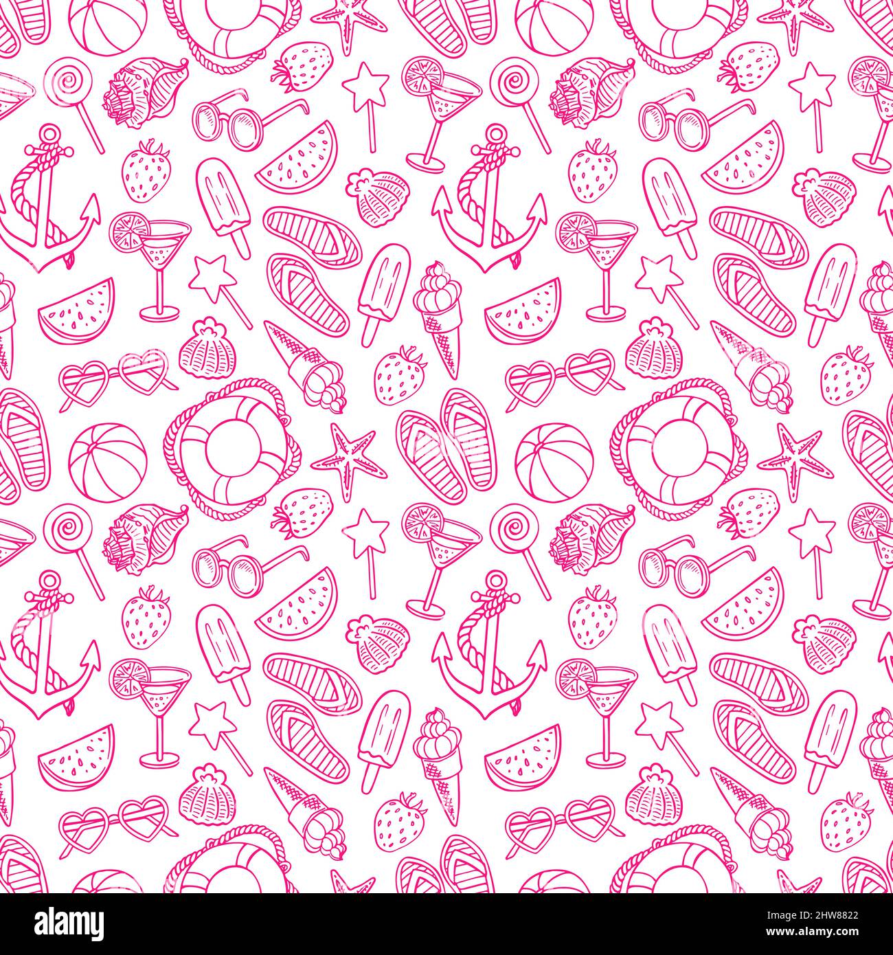 Niedliches Nahtmuster mit Sommer-Symbolen. Muscheln, Eis, Erdbeeren. Handgezeichnete Illustration Stock Vektor