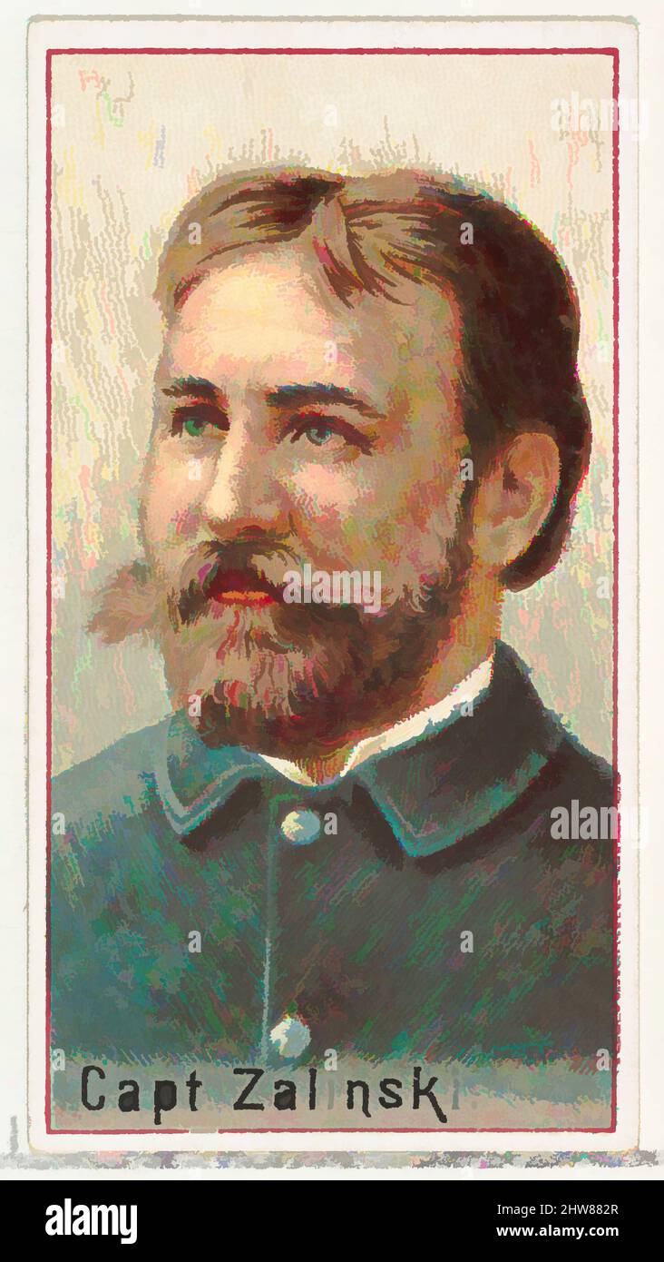 Kunst inspiriert von Captain Zalinski, Druckmuster für das Souvenir-Album der Erfinder der Welt (A25) für Allen & Ginter Zigaretten, 1888, kommerzielle Farblithographie, Blatt: 2 3/4 x 1 1/2 Zoll (7 x 3,8 cm), Druckerproben für das Sammleralbum 'World's Inventors' (A25), herausgegeben in, Classic Works modernisiert von Artotop mit einem Schuss Moderne. Formen, Farbe und Wert, auffällige visuelle Wirkung auf Kunst. Emotionen durch Freiheit von Kunstwerken auf zeitgemäße Weise. Eine zeitlose Botschaft, die eine wild kreative neue Richtung verfolgt. Künstler, die sich dem digitalen Medium zuwenden und die Artotop NFT erschaffen Stockfoto