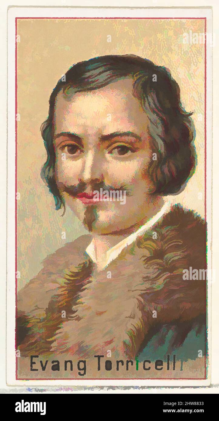 Kunst inspiriert von Evangelista Torricelli, Druckmuster für das Souvenir-Album der Erfinder der Welt (A25) für Allen & Ginter Zigaretten, 1888, kommerzielle Farblithographie, Blatt: 2 3/4 x 1 1/2 Zoll (7 x 3,8 cm), Druckerbeispiele für das Sammleralbum 'World's Inventors' (A25), herausgegeben, Klassisches Werk, modernisiert von Artotop mit einem Schuss Moderne. Formen, Farbe und Wert, auffällige visuelle Wirkung auf Kunst. Emotionen durch Freiheit von Kunstwerken auf zeitgemäße Weise. Eine zeitlose Botschaft, die eine wild kreative neue Richtung verfolgt. Künstler, die sich dem digitalen Medium zuwenden und die Artotop NFT erschaffen Stockfoto