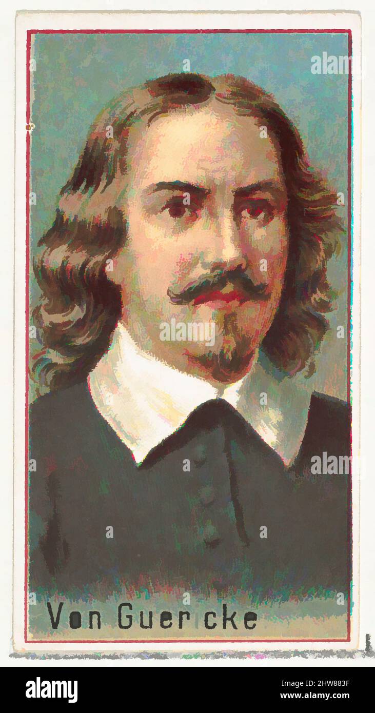 Von Guericke inspirierte Kunst, Druckmuster für das Souvenir-Album der Erfinder der Welt (A25) für Allen & Ginter Zigaretten, 1888, kommerzielle Farblithographie, Blatt: 2 3/4 x 1 1/2 Zoll (7 x 3,8 cm), Druckerbeispiele für das 1888 erschienene Sammleralbum 'World's Inventors' (A25), Klassisches Werk, das von Artotop mit einem Schuss Moderne modernisiert wurde. Formen, Farbe und Wert, auffällige visuelle Wirkung auf Kunst. Emotionen durch Freiheit von Kunstwerken auf zeitgemäße Weise. Eine zeitlose Botschaft, die eine wild kreative neue Richtung verfolgt. Künstler, die sich dem digitalen Medium zuwenden und die Artotop NFT erschaffen Stockfoto