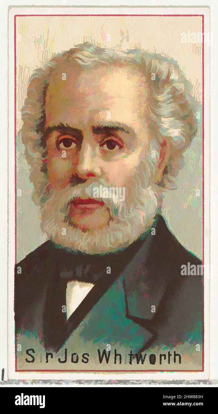 Kunst inspiriert von Sir Joseph Whitworth, Druckmuster für das Souvenir-Album der Erfinder der Welt (A25) für Allen & Ginter Zigaretten, 1888, kommerzielle Farblithographie, Blatt: 2 3/4 x 1 1/2 Zoll (7 x 3,8 cm), Druckerbeispiele für das Sammleralbum 'World's Inventors' (A25), herausgegeben, Klassisches Werk, modernisiert von Artotop mit einem Schuss Moderne. Formen, Farbe und Wert, auffällige visuelle Wirkung auf Kunst. Emotionen durch Freiheit von Kunstwerken auf zeitgemäße Weise. Eine zeitlose Botschaft, die eine wild kreative neue Richtung verfolgt. Künstler, die sich dem digitalen Medium zuwenden und die Artotop NFT erschaffen Stockfoto