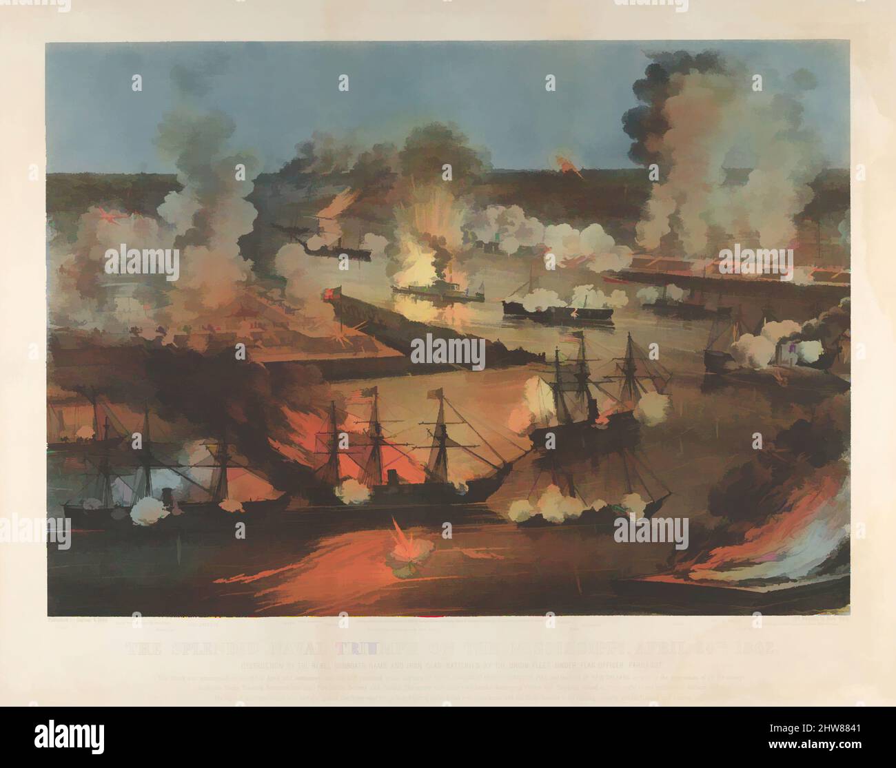 Kunst inspiriert vom herrlichen Marinetriumpf auf dem Mississippi, 24.. April 1862: Zerstörung der Rebellensieger, Rams und mit Eisen bekleidete Batterien durch die Union-Flotte unter dem Flaggenoffizier Farragut, 1862, Farblithographie, Bild: 15 5/16 x 22 1/4 Zoll (38,9 x 56,5 cm), Drucke, Gewinne, Klassisches Werk, das von Artotop mit einem Schuss Moderne modernisiert wurde. Formen, Farbe und Wert, auffällige visuelle Wirkung auf Kunst. Emotionen durch Freiheit von Kunstwerken auf zeitgemäße Weise. Eine zeitlose Botschaft, die eine wild kreative neue Richtung verfolgt. Künstler, die sich dem digitalen Medium zuwenden und die Artotop NFT erschaffen Stockfoto