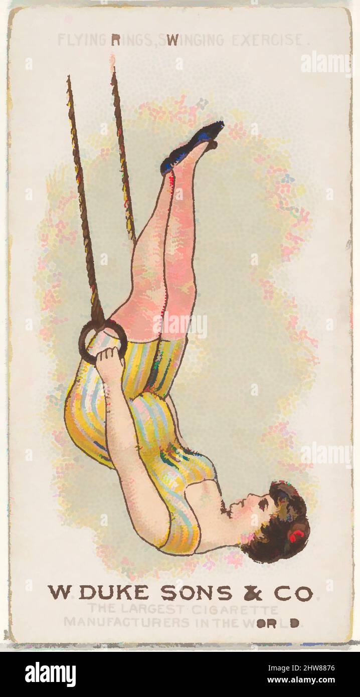 Art Inspired by Flying Rings Swinging Exercise, aus der Gymnastic Exercises Series (N77) für Zigaretten der Marke Duke, 1887, kommerzielle Farblithographie, Blatt: 2 3/4 x 1 1/2 Zoll (7 x 3,8 cm), Trade Cards aus der Serie "Gymnastische Übungen" (N77), ausgestellt in einem Satz von 25 Karten im Jahr 1887 zu, Classic Works modernisiert von Artotop mit einem Schuss Moderne. Formen, Farbe und Wert, auffällige visuelle Wirkung auf Kunst. Emotionen durch Freiheit von Kunstwerken auf zeitgemäße Weise. Eine zeitlose Botschaft, die eine wild kreative neue Richtung verfolgt. Künstler, die sich dem digitalen Medium zuwenden und die Artotop NFT erschaffen Stockfoto
