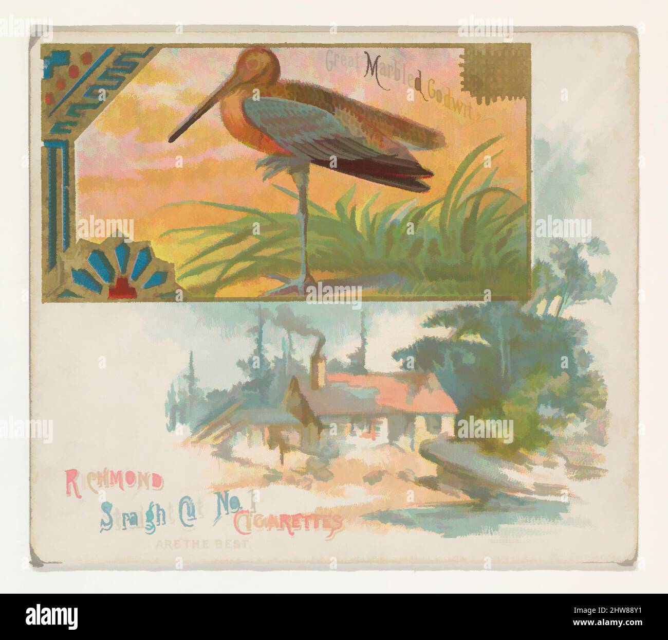 Von Great Marbled Godwit inspirierte Kunst, aus der Game Birds-Serie (N40) für Allen & Ginter Zigaretten, 1888–90, kommerzielle Farblithographie, Blatt: 2 7/8 x 3 1/4 Zoll (7,3 x 8,3 cm), Trade Cards aus der „Game Birds“-Serie (N40), die 1888-90 in einem Satz von 50 Karten zur Förderung von Allen herausgegeben wurde, Classic Works, die von Artotop mit einem Schuss Modernität modernisiert wurden. Formen, Farbe und Wert, auffällige visuelle Wirkung auf Kunst. Emotionen durch Freiheit von Kunstwerken auf zeitgemäße Weise. Eine zeitlose Botschaft, die eine wild kreative neue Richtung verfolgt. Künstler, die sich dem digitalen Medium zuwenden und die Artotop NFT erschaffen Stockfoto