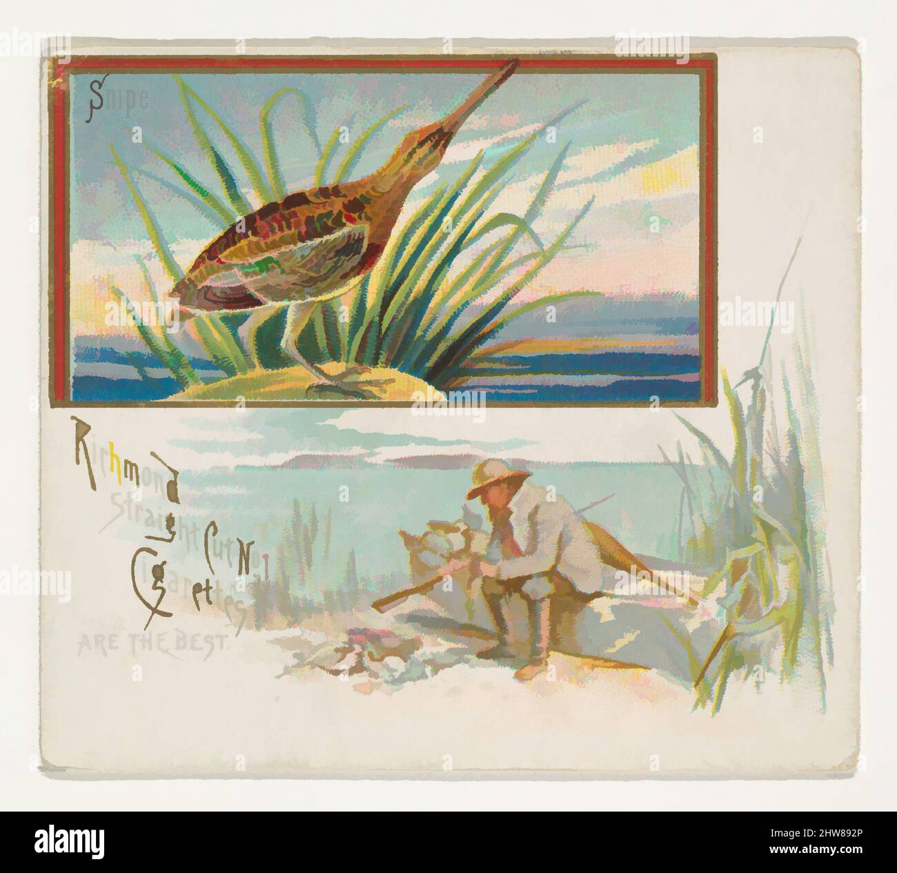Art Inspired by Snipe, from the Game Birds series (N40) for Allen & Ginter Cigarettes, 1888–90, kommerzielle Farblithographie, Blatt: 2 7/8 x 3 1/4 Zoll (7,3 x 8,3 cm), Trade Cards aus der „Game Birds“-Serie (N40), die 1888-90 in einem Satz von 50 Karten zur Werbung für die Marke Allen & Ginter herausgegeben wurde. Classic Works wurde von Artotop mit einem Schuss Moderne modernisiert. Formen, Farbe und Wert, auffällige visuelle Wirkung auf Kunst. Emotionen durch Freiheit von Kunstwerken auf zeitgemäße Weise. Eine zeitlose Botschaft, die eine wild kreative neue Richtung verfolgt. Künstler, die sich dem digitalen Medium zuwenden und die Artotop NFT erschaffen Stockfoto
