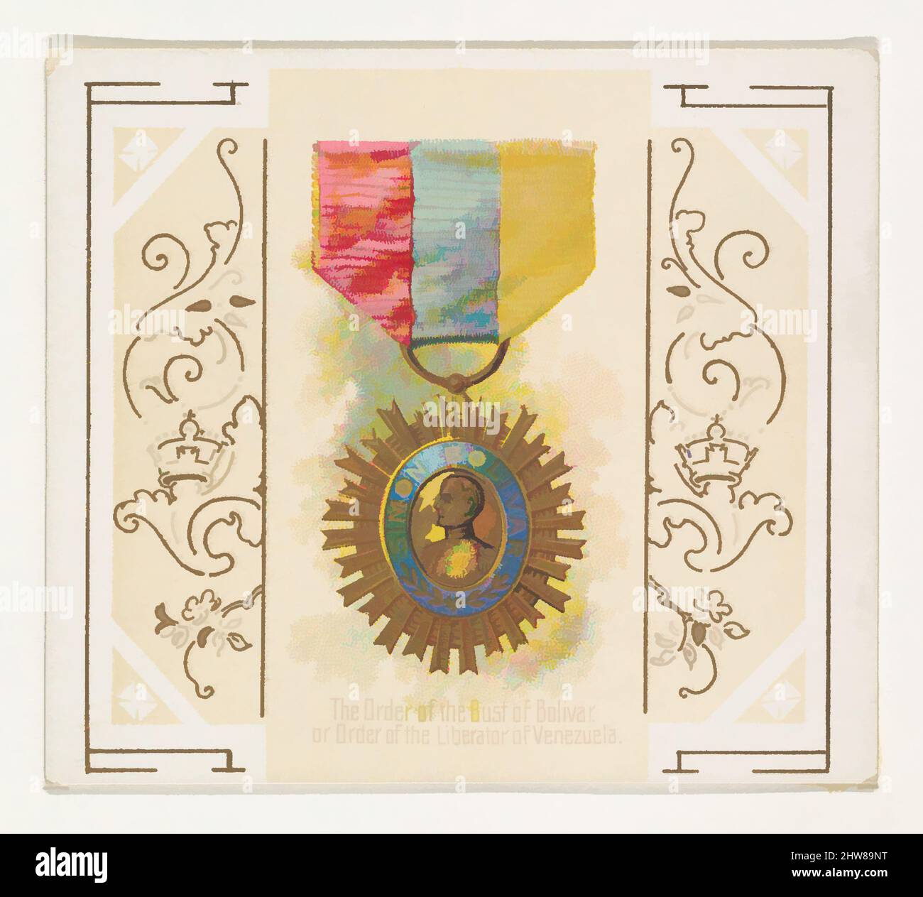 Kunst inspiriert vom Orden der Büste von Bolivar oder Orden des Befreiers von Venezuela, aus der Serie World's Decorations (N44) für Allen & Ginter Zigaretten, 1890, kommerzielle Farblithographie, Blatt: 2 7/8 x 3 1/4 Zoll (7,3 x 8,3 cm), Handelskarten aus den 'World's Decorations, Klassisches Werk, modernisiert von Artotop mit einem Schuss Moderne. Formen, Farbe und Wert, auffällige visuelle Wirkung auf Kunst. Emotionen durch Freiheit von Kunstwerken auf zeitgemäße Weise. Eine zeitlose Botschaft, die eine wild kreative neue Richtung verfolgt. Künstler, die sich dem digitalen Medium zuwenden und die Artotop NFT erschaffen Stockfoto
