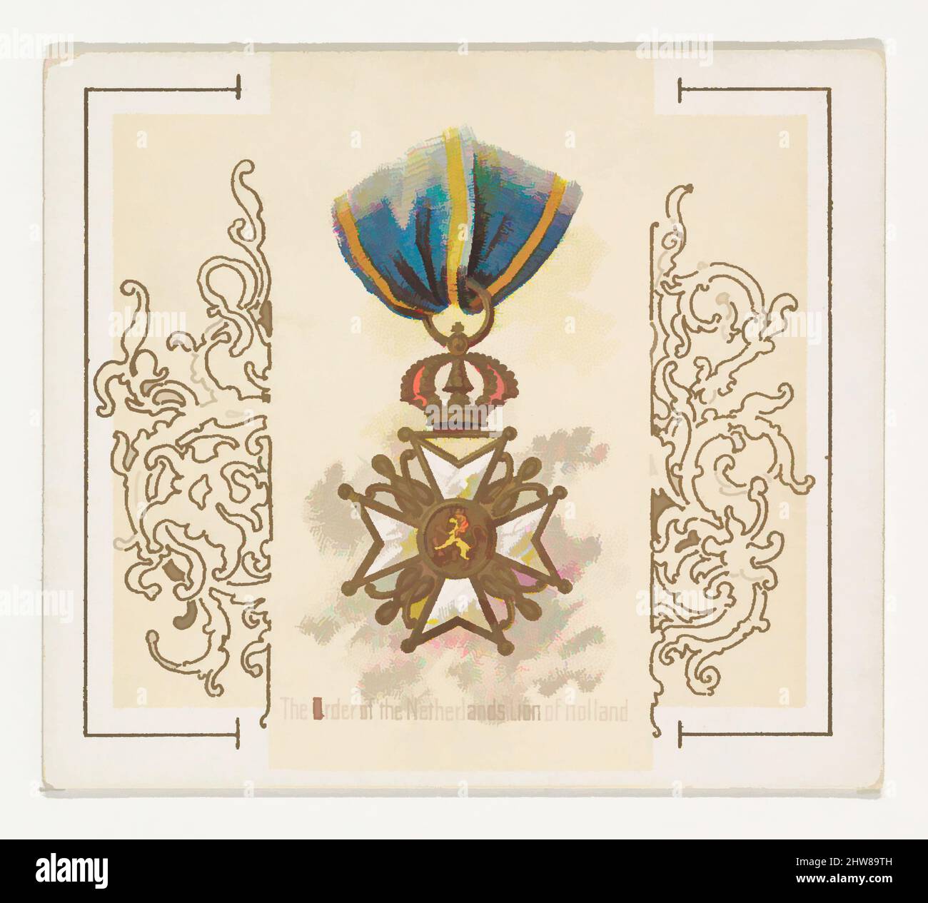 Kunst, inspiriert vom Orden des niederländischen Löwen von Holland, aus der Serie World's Decorations (N44) für Allen & Ginter Zigaretten, 1890, kommerzielle Farblithographie, Blatt: 2 7/8 x 3 1/4 Zoll (7,3 x 8,3 cm), Handelskarten aus der Serie 'World's Decorations' (N44), herausgegeben 1890 in, Klassisches Werk, modernisiert von Artotop mit einem Schuss Moderne. Formen, Farbe und Wert, auffällige visuelle Wirkung auf Kunst. Emotionen durch Freiheit von Kunstwerken auf zeitgemäße Weise. Eine zeitlose Botschaft, die eine wild kreative neue Richtung verfolgt. Künstler, die sich dem digitalen Medium zuwenden und die Artotop NFT erschaffen Stockfoto