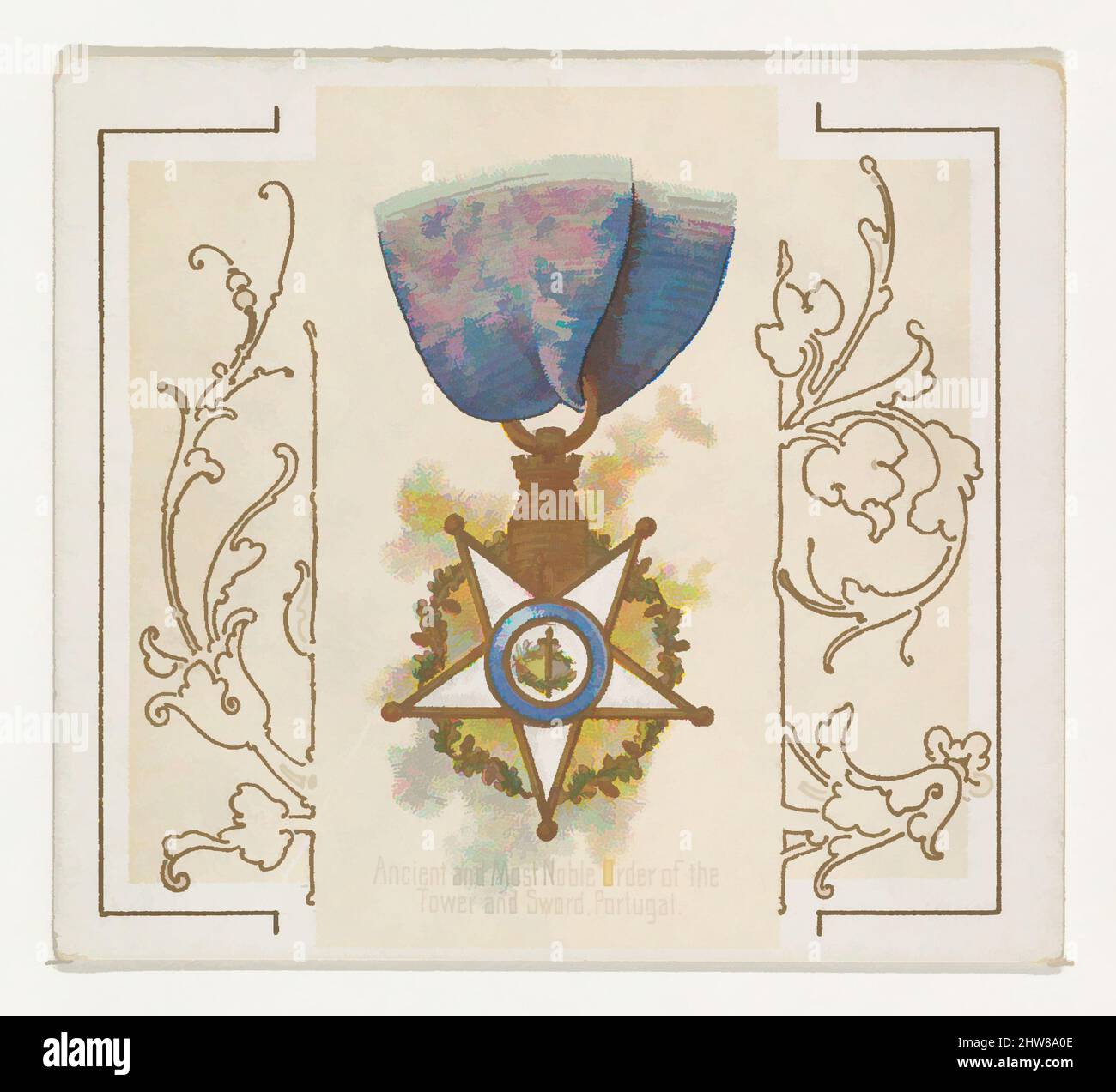 Kunst inspiriert von der antiken und nobelsten Order of the Tower and Sword, Portugal, aus der Serie The World's Decorations (N44) für Allen & Ginter Zigaretten, 1890, kommerzielle Farblithographie, Blatt: 2 7/8 x 3 1/4 Zoll (7,3 x 8,3 cm), Handelskarten aus der Serie 'World's Decorations' (N44, Klassisches Werk, modernisiert von Artotop mit einem Schuss Moderne. Formen, Farbe und Wert, auffällige visuelle Wirkung auf Kunst. Emotionen durch Freiheit von Kunstwerken auf zeitgemäße Weise. Eine zeitlose Botschaft, die eine wild kreative neue Richtung verfolgt. Künstler, die sich dem digitalen Medium zuwenden und die Artotop NFT erschaffen Stockfoto