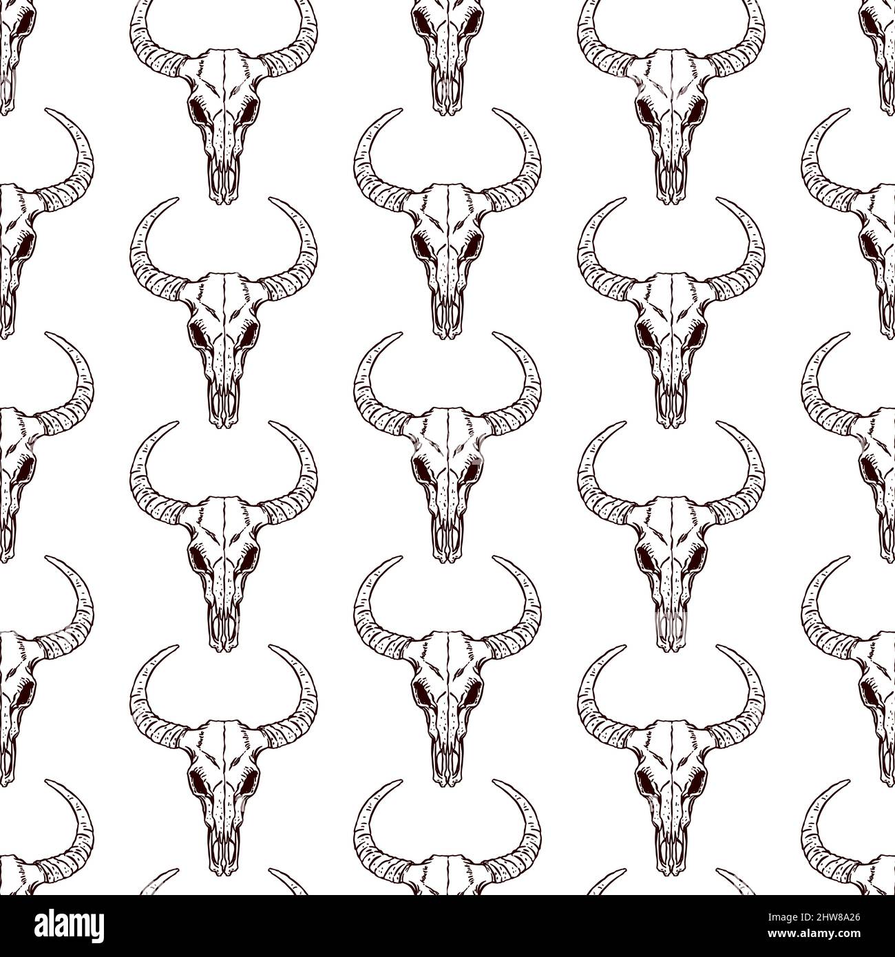 Niedliche nahtlose Muster von Totenköpfen Stier auf weißem Hintergrund. Handgezeichnete Illustration Stock Vektor