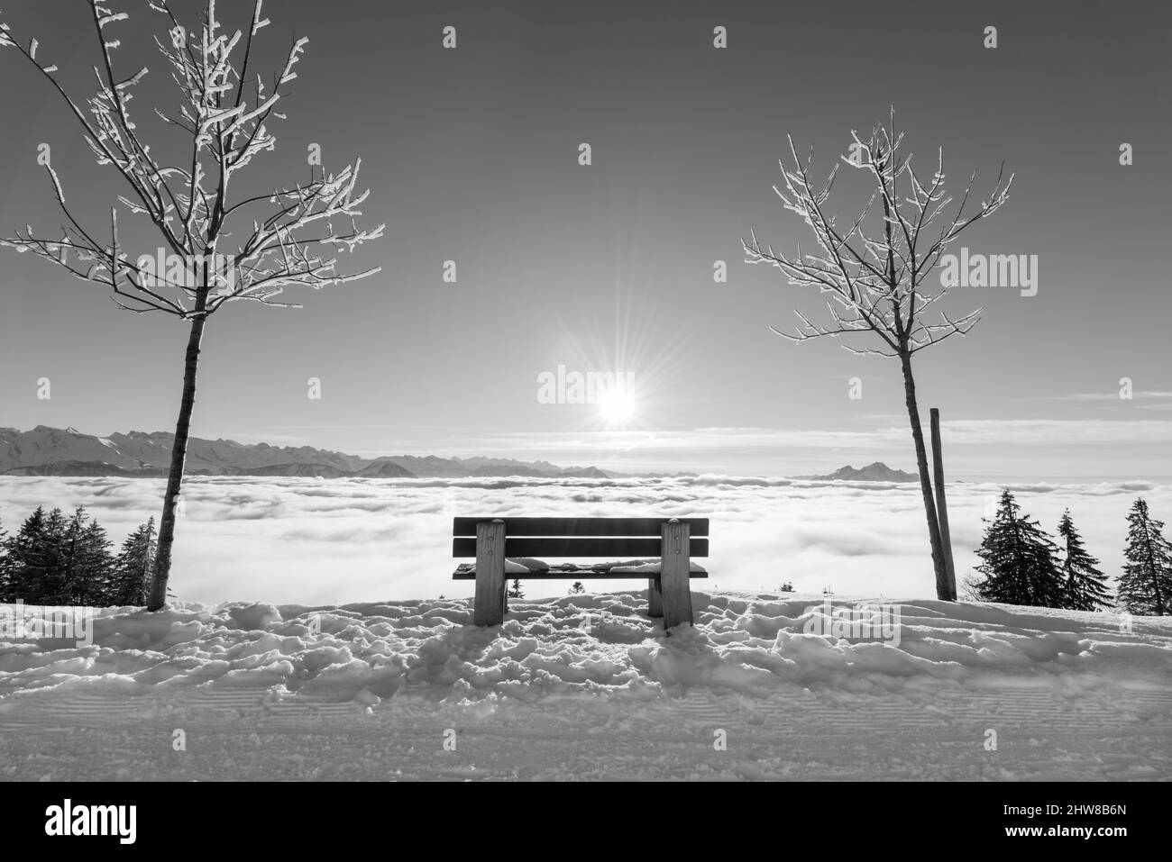 Winter in den Bergen in schwarz-weiß. Wolken unter den Füßen. Die Sonne scheint hell am Himmel. Sitzbank zur Ruhepause. Riga. Schweiz. Stockfoto