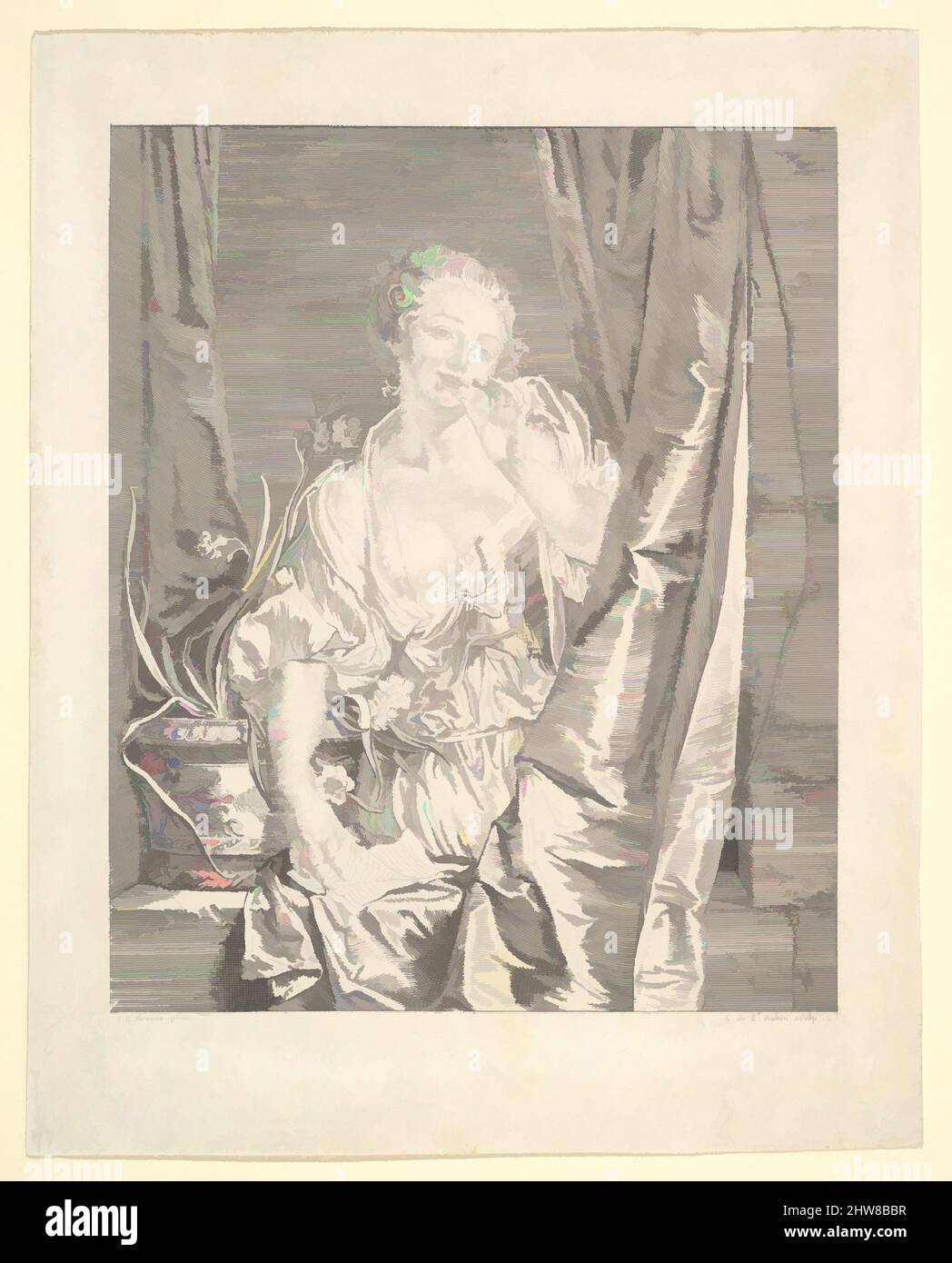 Art inspired by Le Baiser Envoyé (Blowing a Kiss), Etching; First State of Five (Bocher), Blatt: 8 1/4 × 6 5/8 in. (21 × 16,8 cm), Drucke, Augustin de Saint-Aubin (Französisch, Paris 1736–1807 Paris), nach Jean-Baptiste Greuze (Französisch, Tournus 1725–1805 Paris) steht Louis XVI dazwischen, Klassische Werke, die von Artotop mit einem Schuss Moderne modernisiert wurden. Formen, Farbe und Wert, auffällige visuelle Wirkung auf Kunst. Emotionen durch Freiheit von Kunstwerken auf zeitgemäße Weise. Eine zeitlose Botschaft, die eine wild kreative neue Richtung verfolgt. Künstler, die sich dem digitalen Medium zuwenden und die Artotop NFT erschaffen Stockfoto