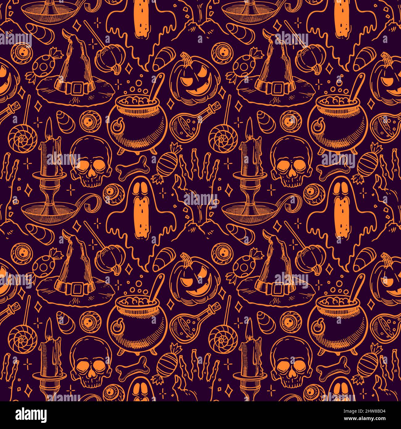 Niedliche nahtlose Halloween-Muster von magischen Attributen und Süßigkeiten. Handgezeichnete Illustration Stock Vektor